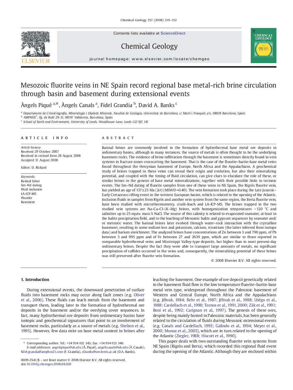 Mesozoic fluorite veins in NE Spain record regional base metal-rich brine circulation through basin and basement during extensional events