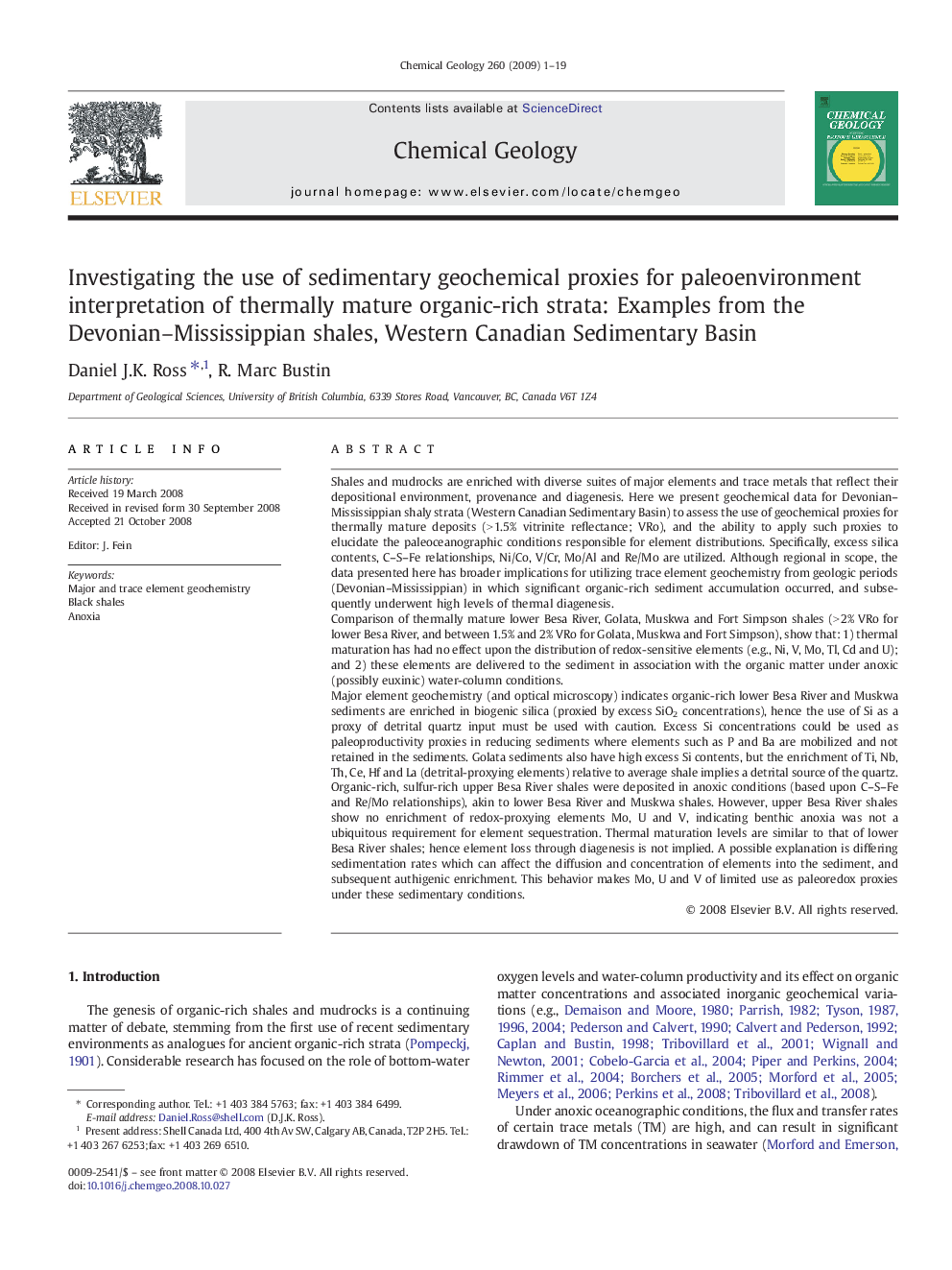 Investigating the use of sedimentary geochemical proxies for paleoenvironment interpretation of thermally mature organic-rich strata: Examples from the Devonian–Mississippian shales, Western Canadian Sedimentary Basin