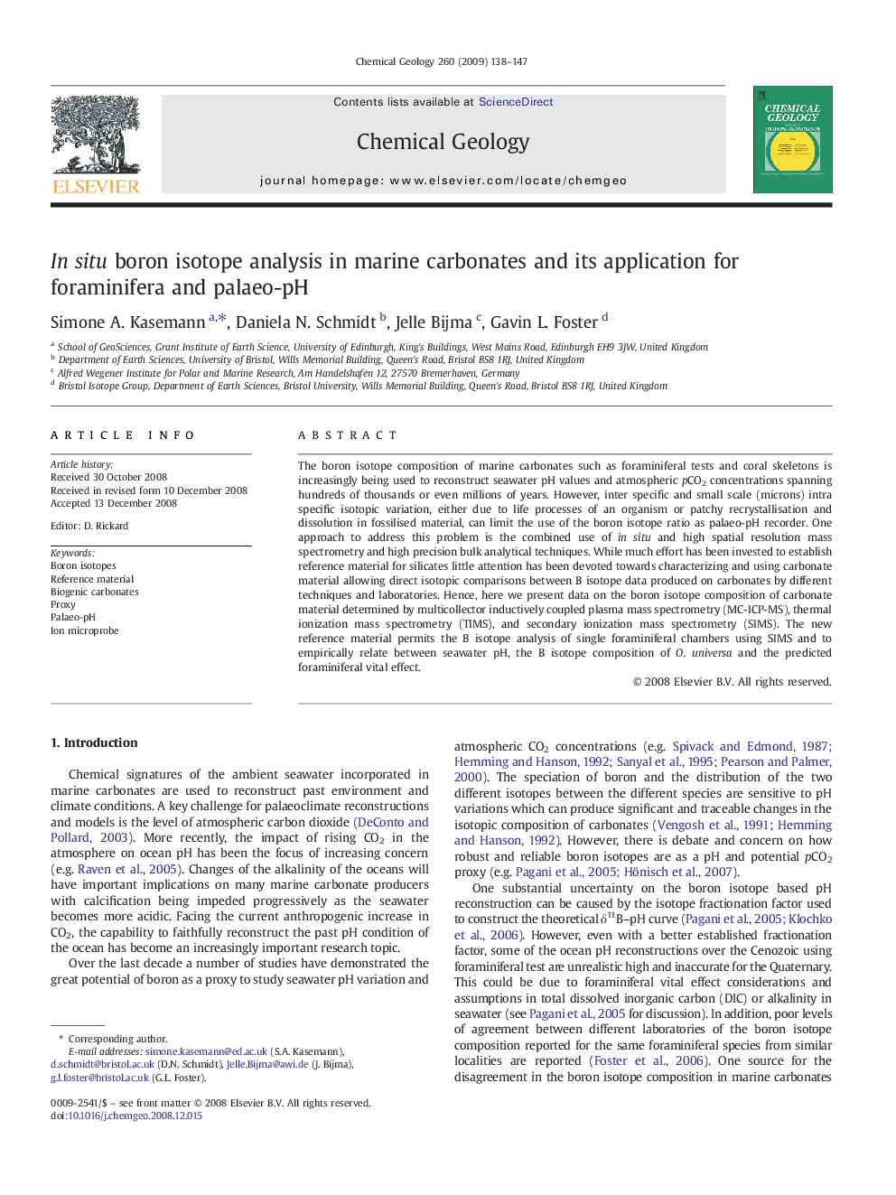 In situ boron isotope analysis in marine carbonates and its application for foraminifera and palaeo-pH