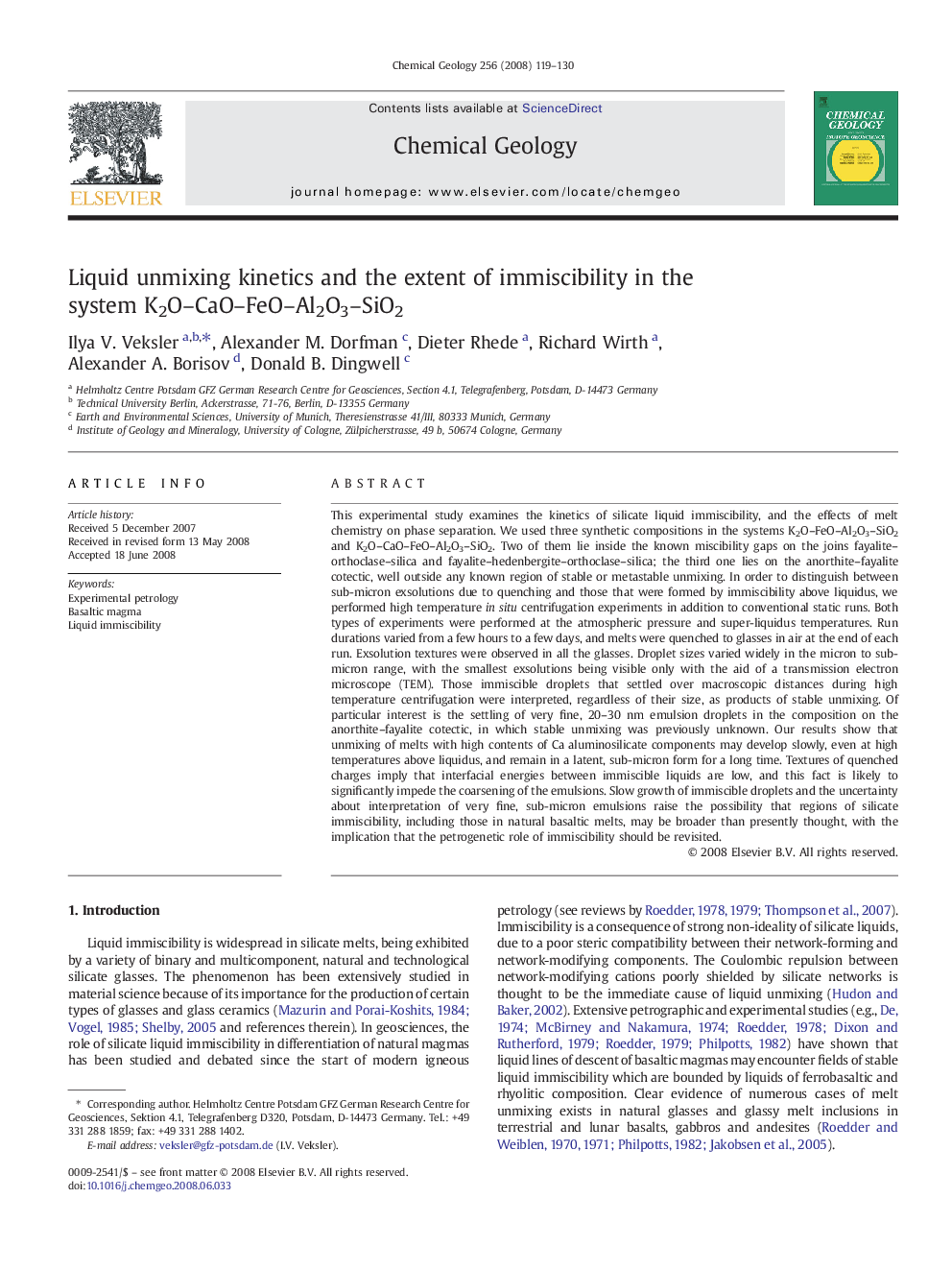 Liquid unmixing kinetics and the extent of immiscibility in the system K2O–CaO–FeO–Al2O3–SiO2