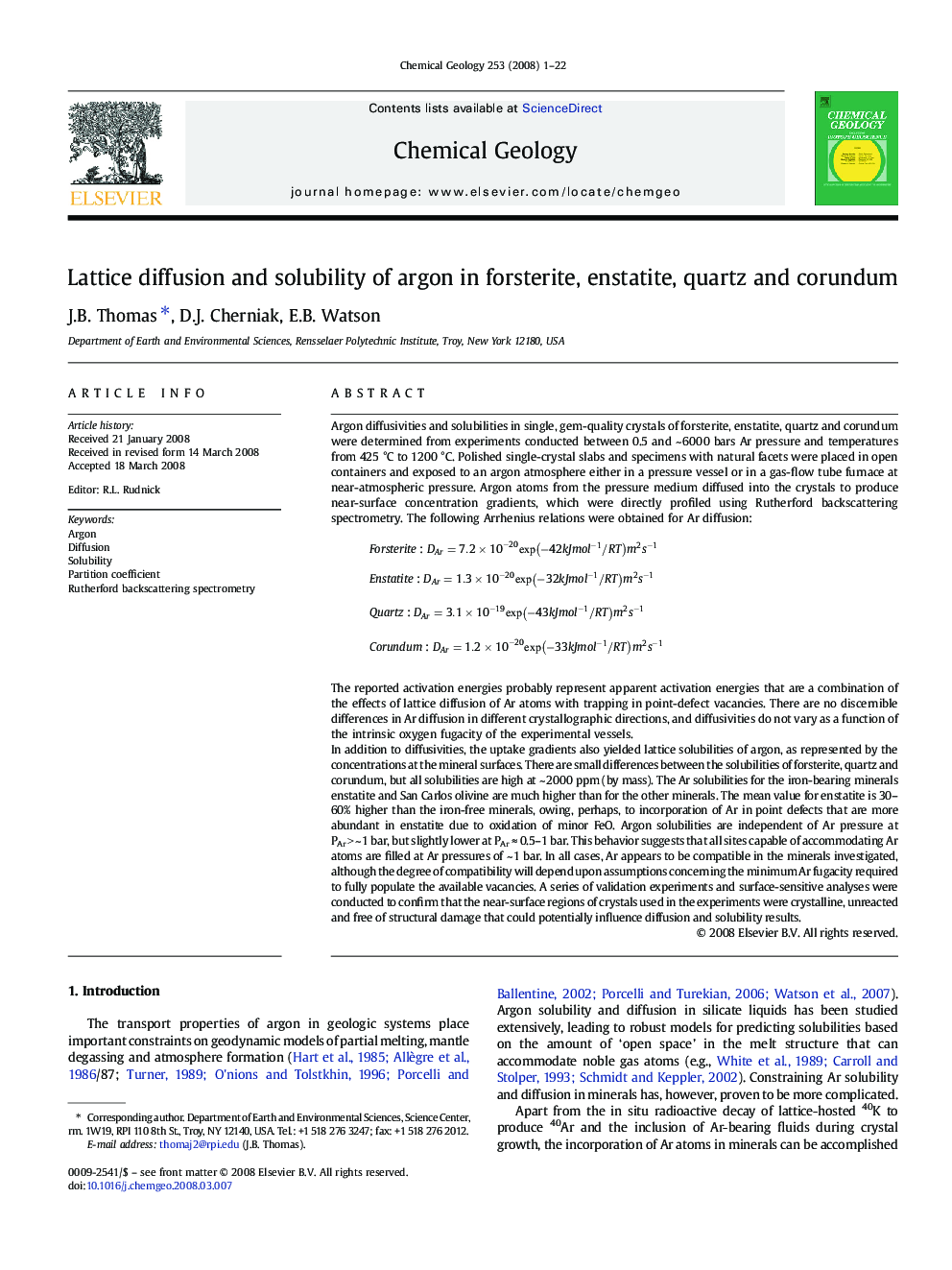 Lattice diffusion and solubility of argon in forsterite, enstatite, quartz and corundum