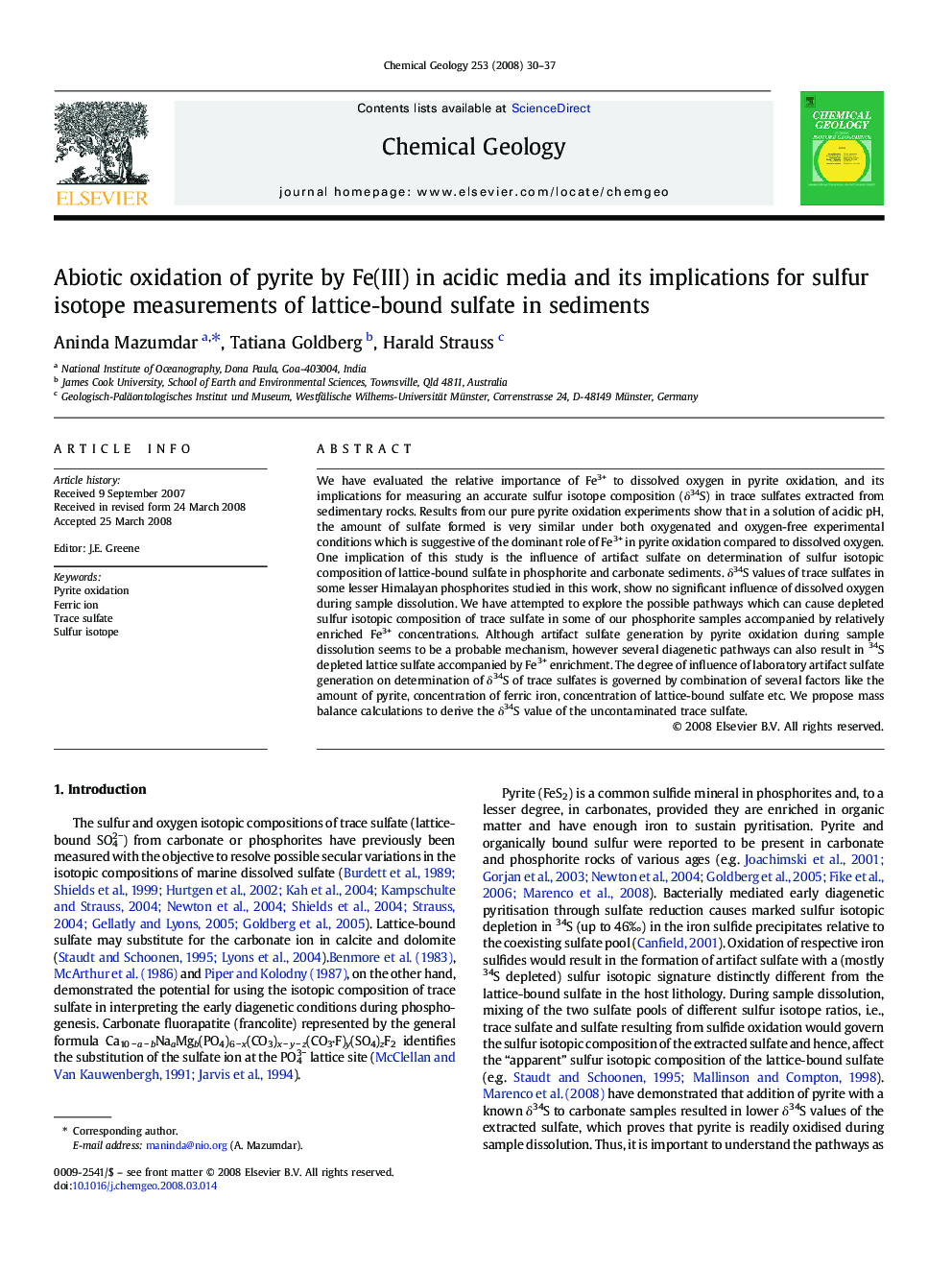 Abiotic oxidation of pyrite by Fe(III) in acidic media and its implications for sulfur isotope measurements of lattice-bound sulfate in sediments