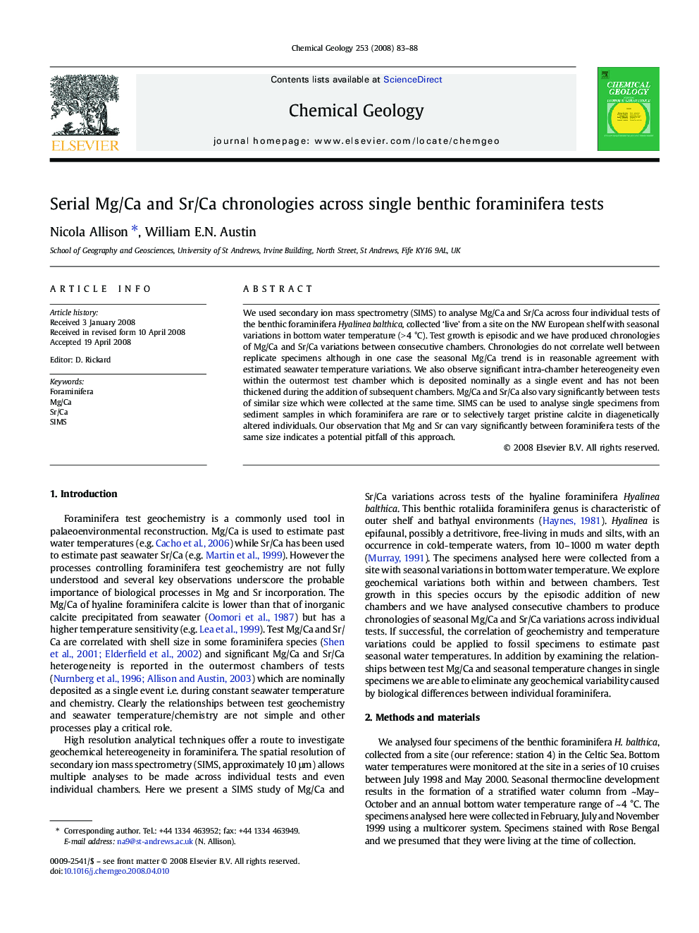 Serial Mg/Ca and Sr/Ca chronologies across single benthic foraminifera tests