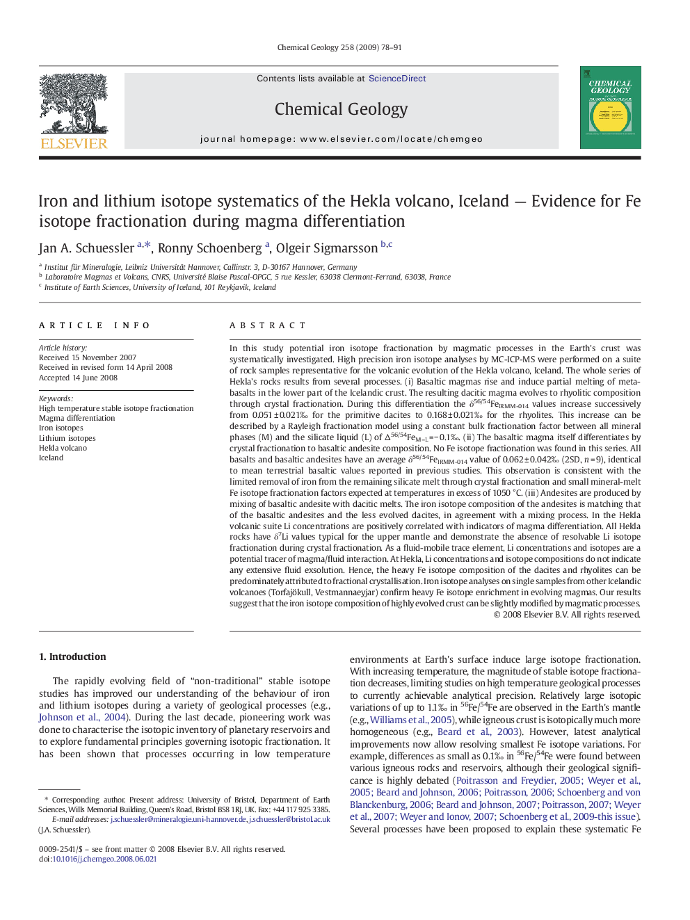 Iron and lithium isotope systematics of the Hekla volcano, Iceland — Evidence for Fe isotope fractionation during magma differentiation