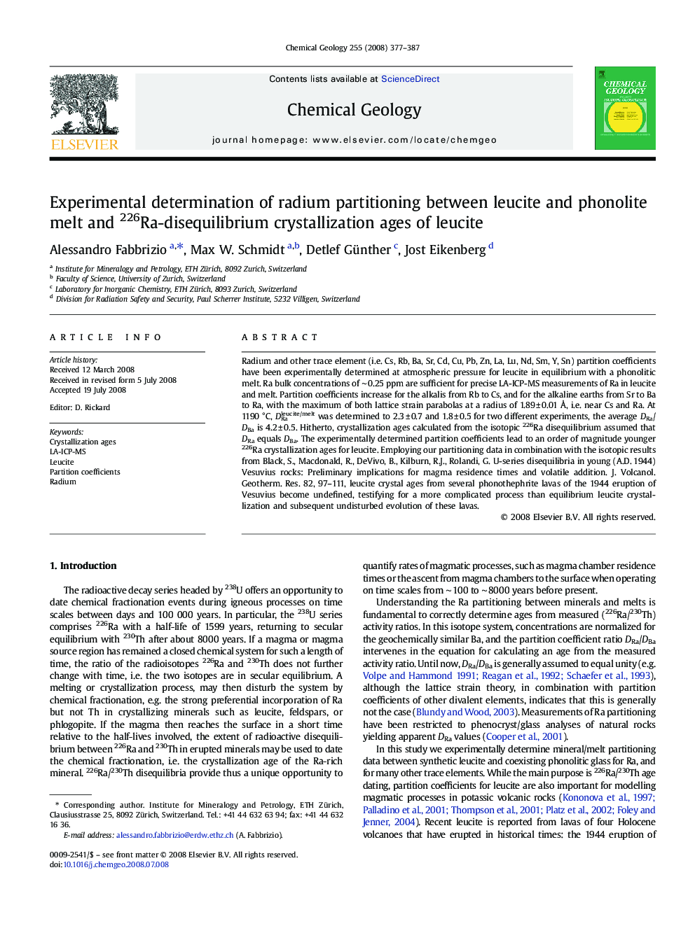 Experimental determination of radium partitioning between leucite and phonolite melt and 226Ra-disequilibrium crystallization ages of leucite