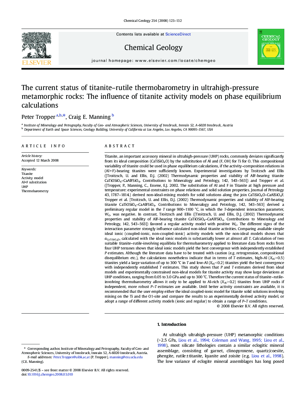 The current status of titanite–rutile thermobarometry in ultrahigh-pressure metamorphic rocks: The influence of titanite activity models on phase equilibrium calculations