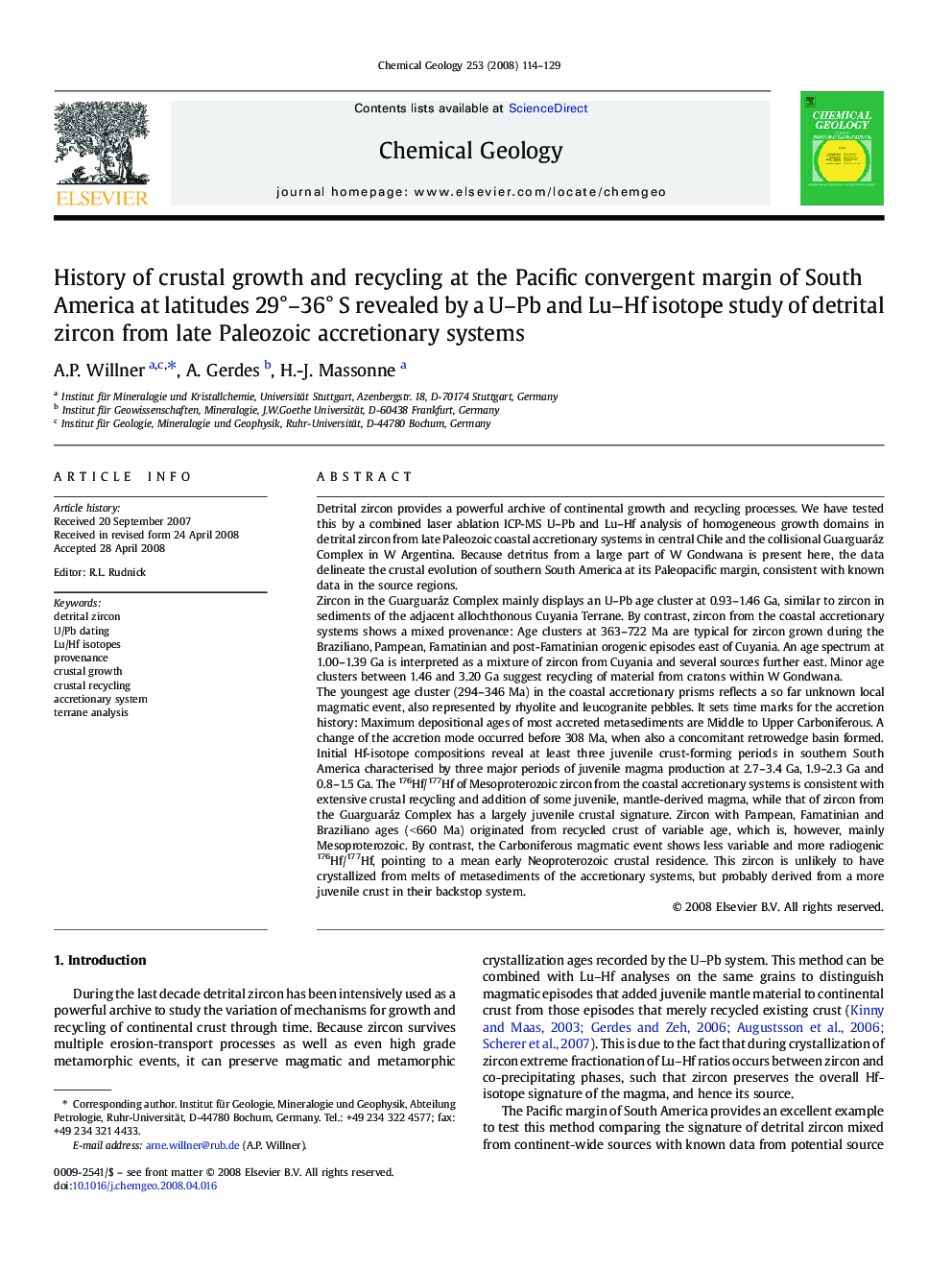 History of crustal growth and recycling at the Pacific convergent margin of South America at latitudes 29°–36° S revealed by a U–Pb and Lu–Hf isotope study of detrital zircon from late Paleozoic accretionary systems