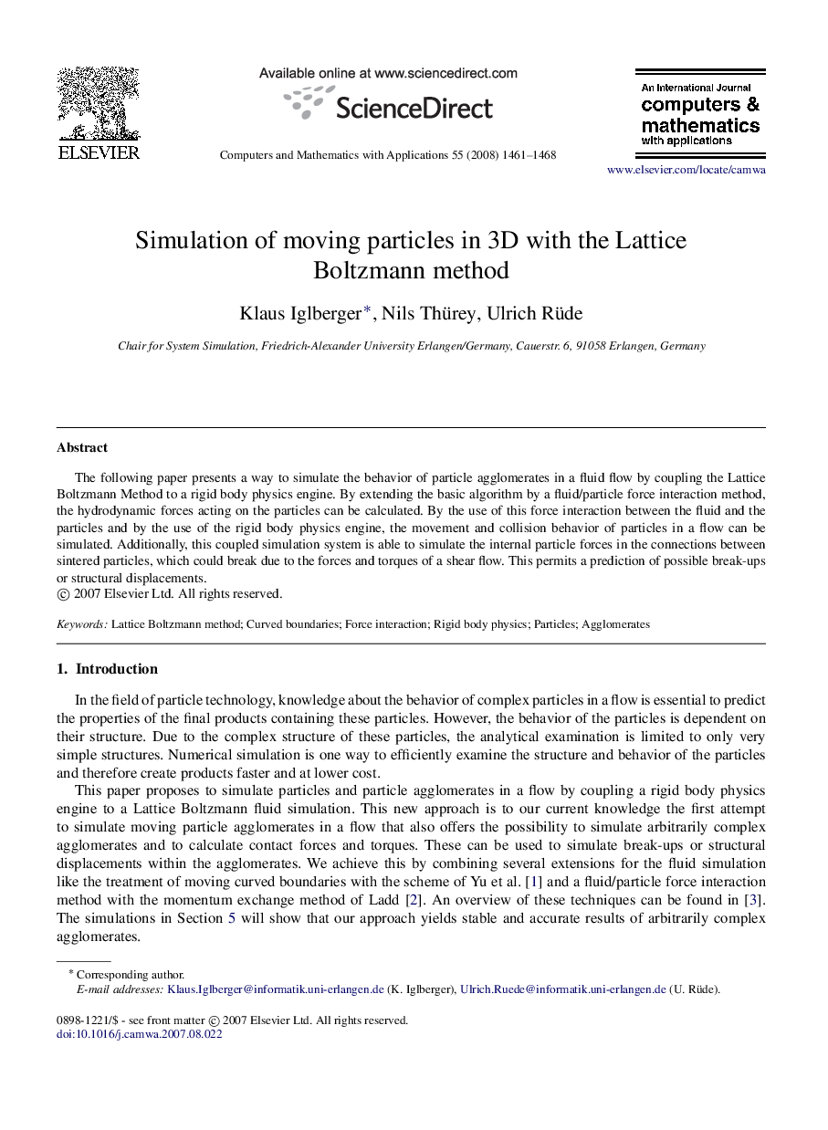 Simulation of moving particles in 3D with the Lattice Boltzmann method