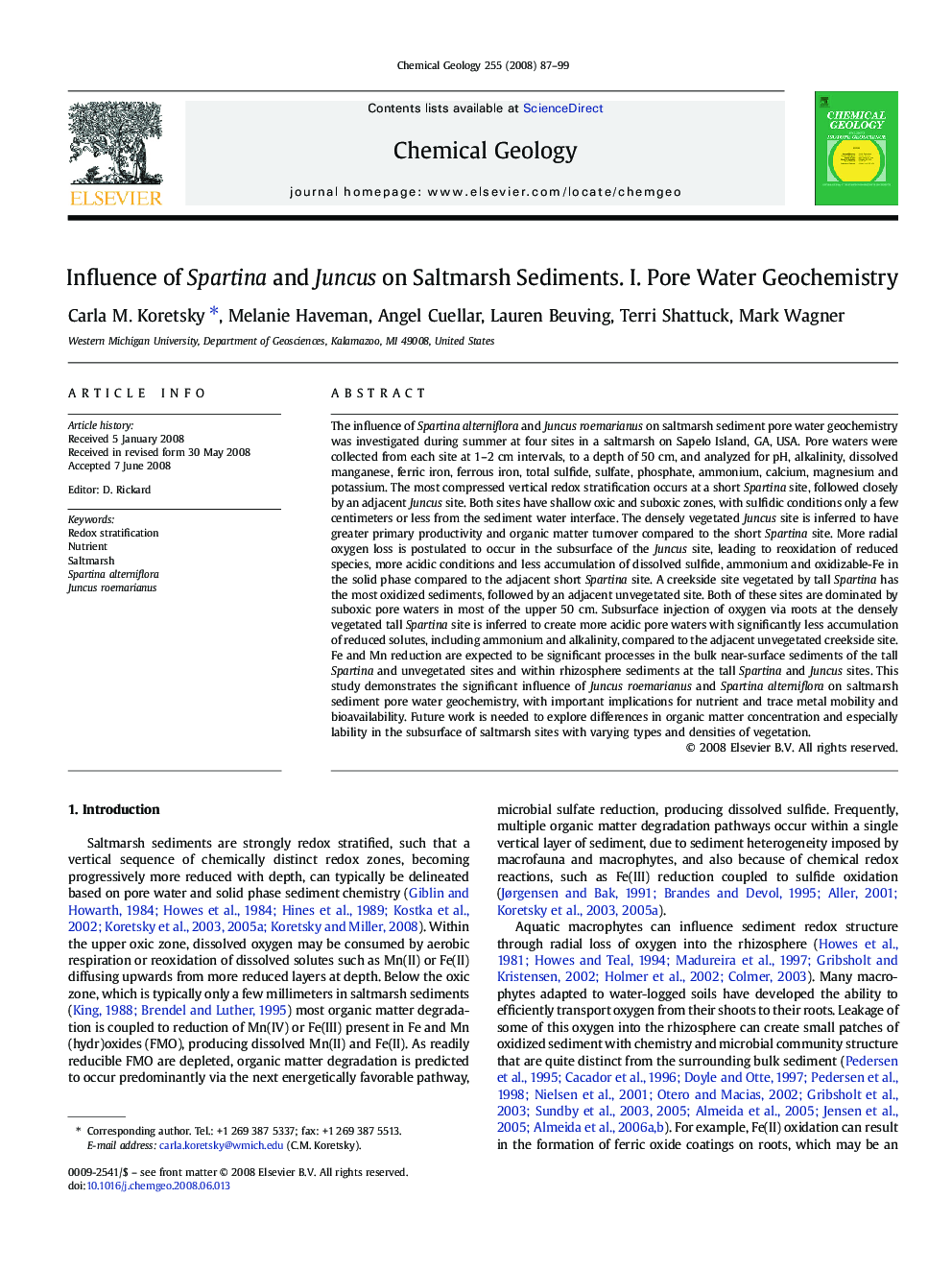 Influence of Spartina and Juncus on Saltmarsh Sediments. I. Pore Water Geochemistry