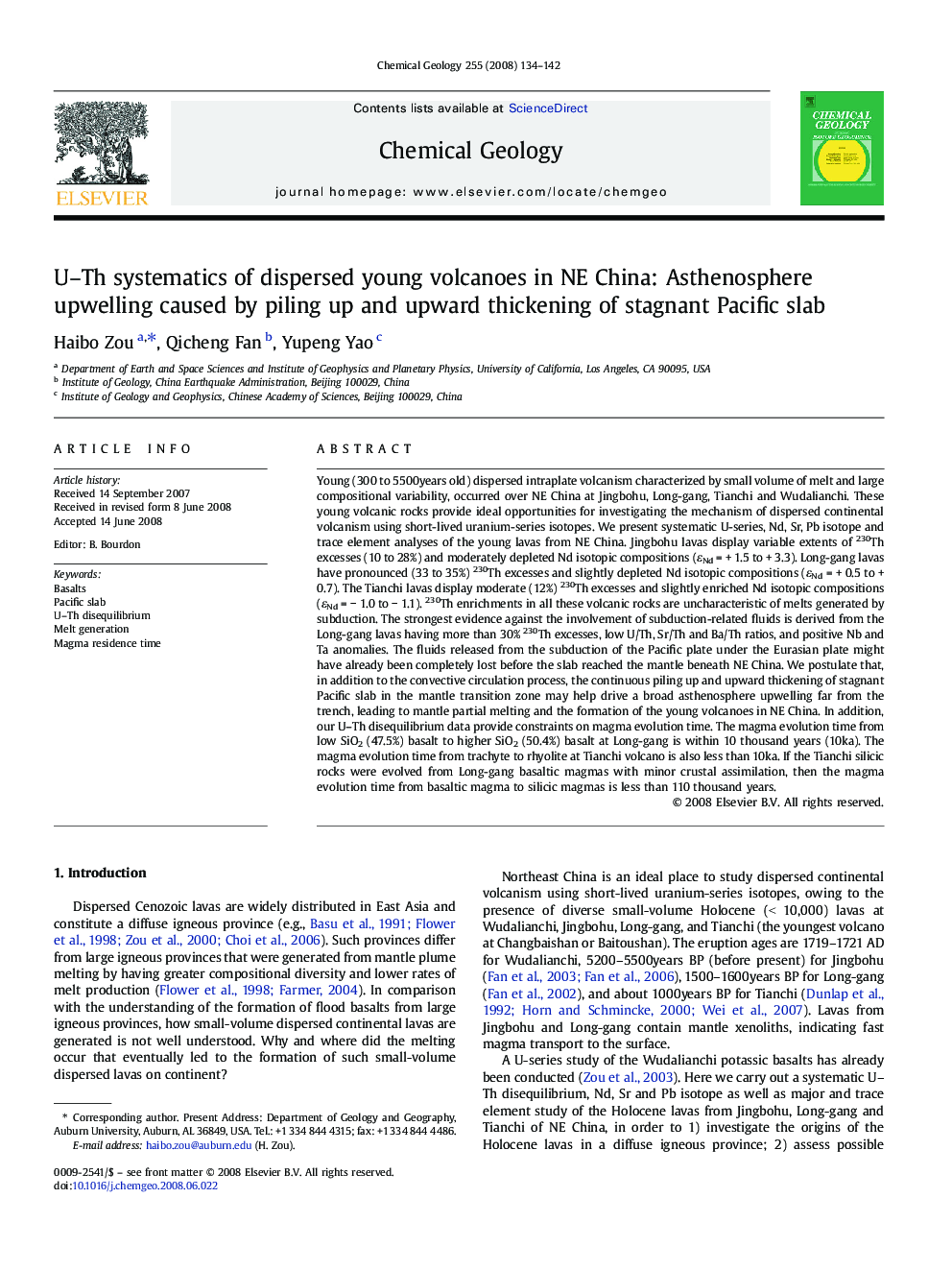 U–Th systematics of dispersed young volcanoes in NE China: Asthenosphere upwelling caused by piling up and upward thickening of stagnant Pacific slab