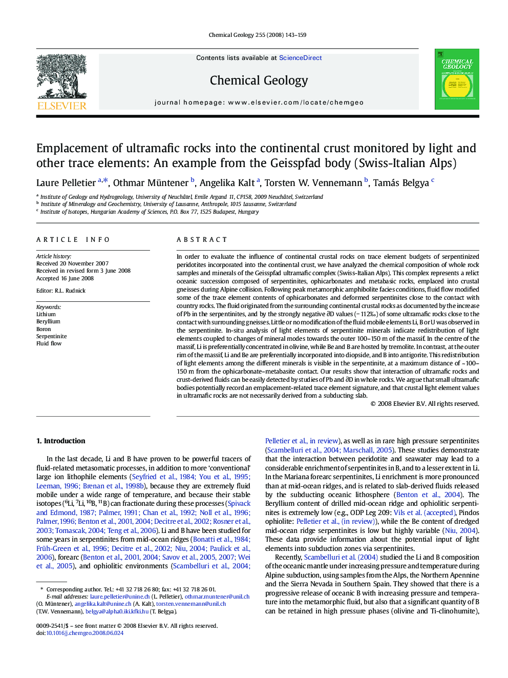 Emplacement of ultramafic rocks into the continental crust monitored by light and other trace elements: An example from the Geisspfad body (Swiss-Italian Alps)