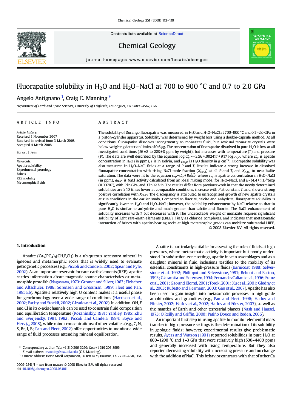 Fluorapatite solubility in H2O and H2O–NaCl at 700 to 900 °C and 0.7 to 2.0 GPa