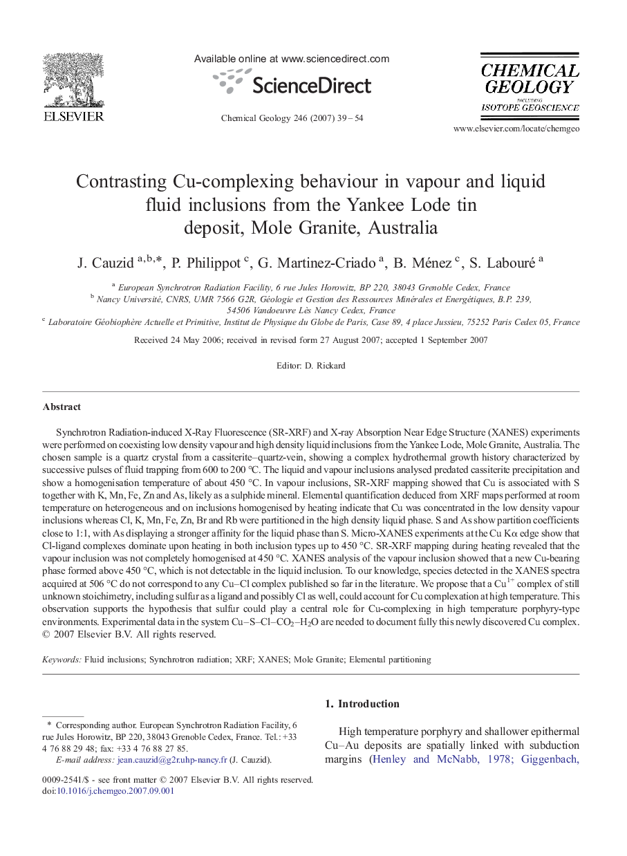 Contrasting Cu-complexing behaviour in vapour and liquid fluid inclusions from the Yankee Lode tin deposit, Mole Granite, Australia