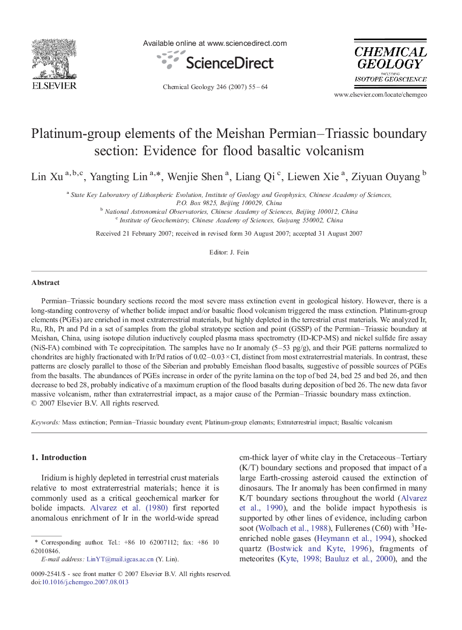 Platinum-group elements of the Meishan Permian–Triassic boundary section: Evidence for flood basaltic volcanism