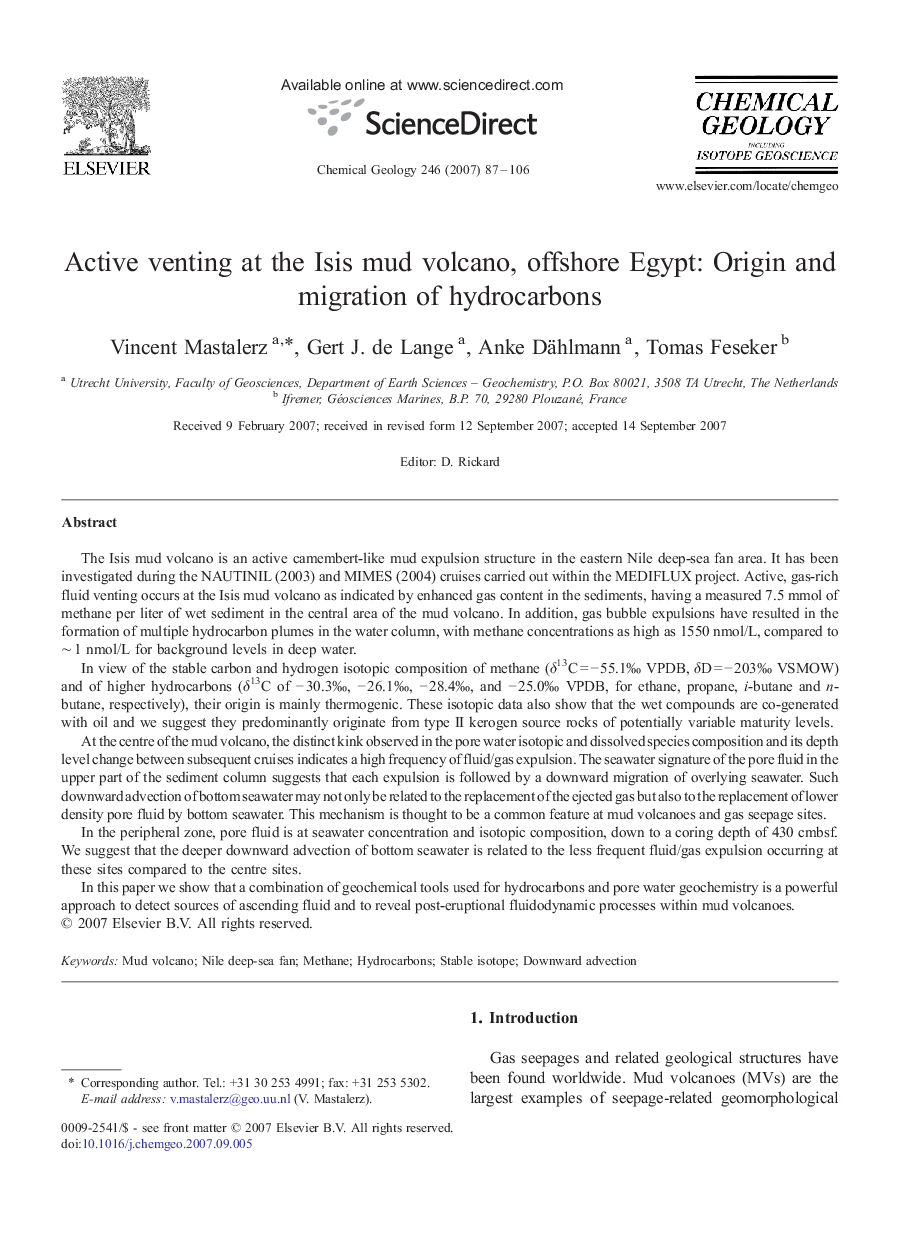 Active venting at the Isis mud volcano, offshore Egypt: Origin and migration of hydrocarbons