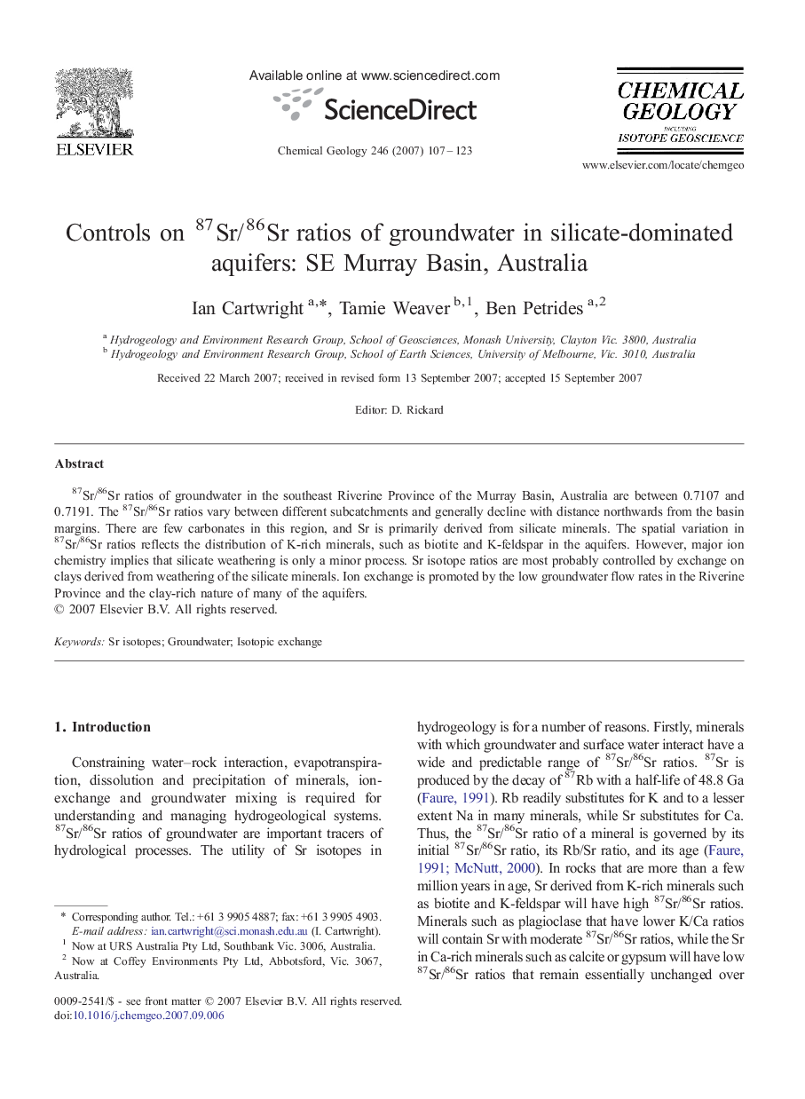 Controls on 87Sr/86Sr ratios of groundwater in silicate-dominated aquifers: SE Murray Basin, Australia