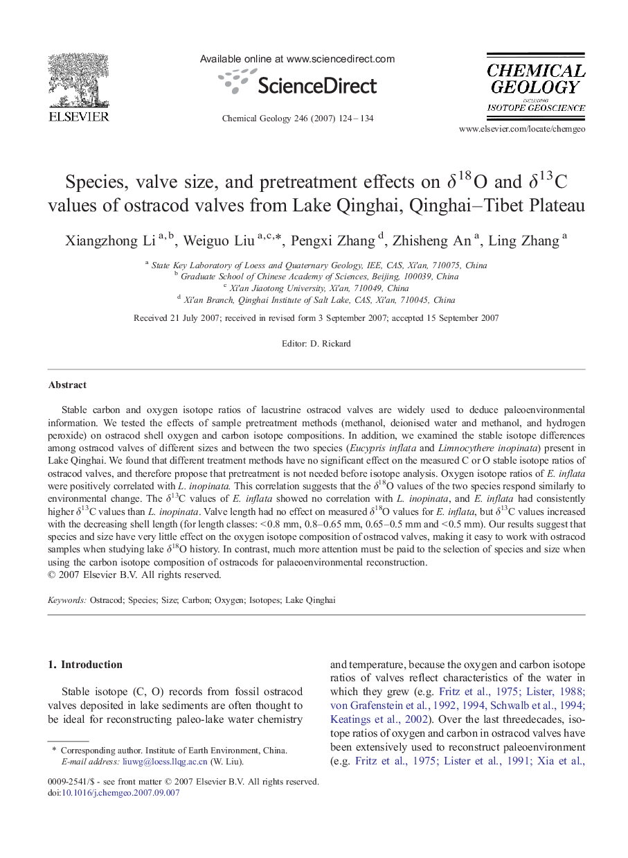 Species, valve size, and pretreatment effects on δ18O and δ13C values of ostracod valves from Lake Qinghai, Qinghai–Tibet Plateau