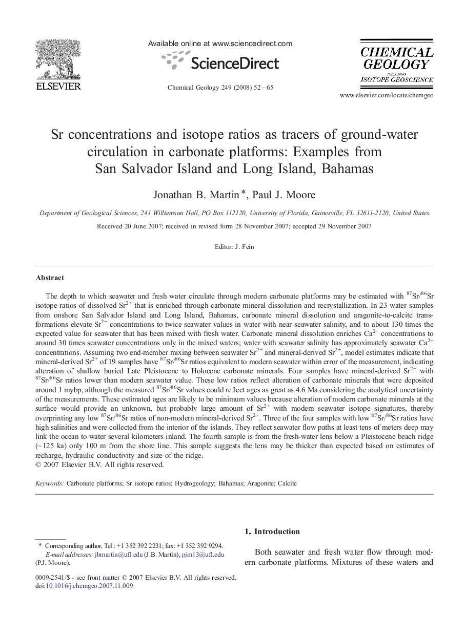 Sr concentrations and isotope ratios as tracers of ground-water circulation in carbonate platforms: Examples from San Salvador Island and Long Island, Bahamas