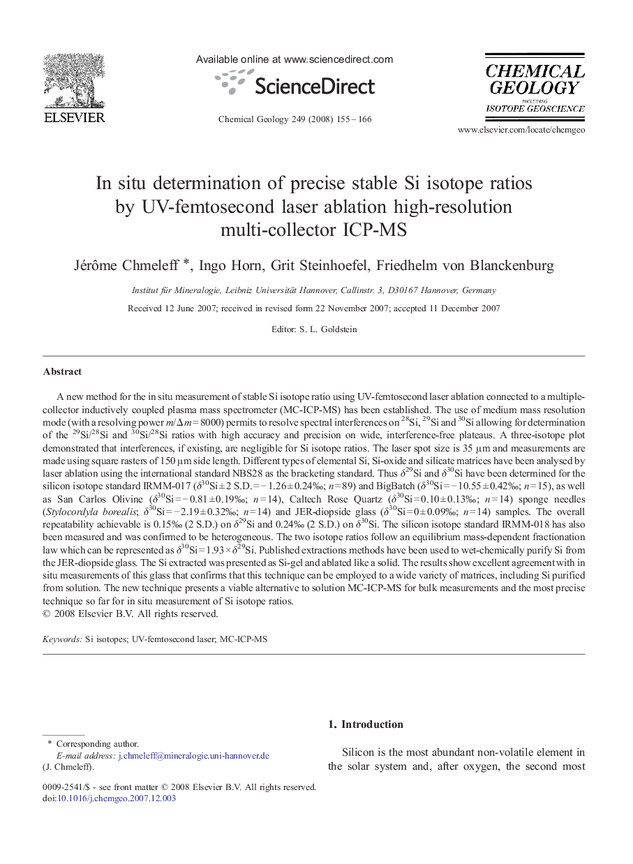 In situ determination of precise stable Si isotope ratios by UV-femtosecond laser ablation high-resolution multi-collector ICP-MS