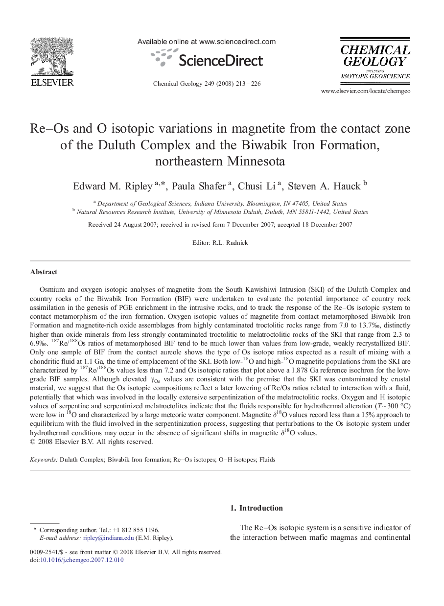 Re-Os and O isotopic variations in magnetite from the contact zone of the Duluth Complex and the Biwabik Iron Formation, northeastern Minnesota