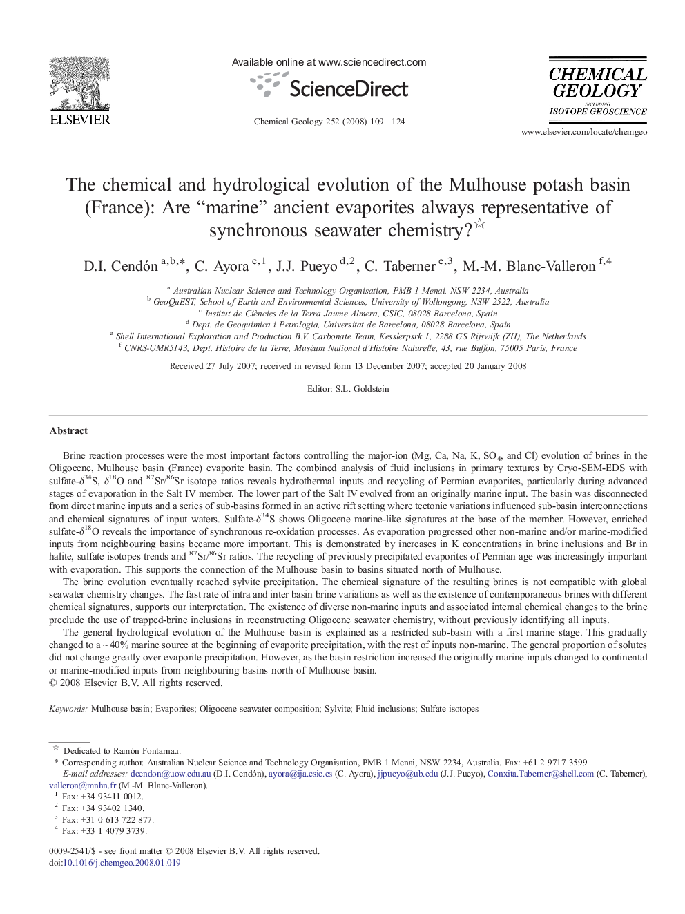 The chemical and hydrological evolution of the Mulhouse potash basin (France): Are “marine” ancient evaporites always representative of synchronous seawater chemistry? 