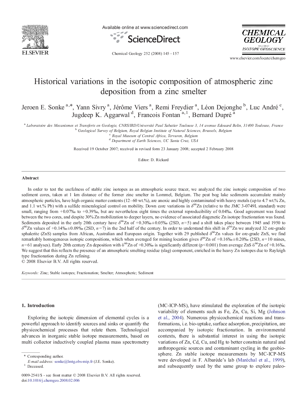 Historical variations in the isotopic composition of atmospheric zinc deposition from a zinc smelter