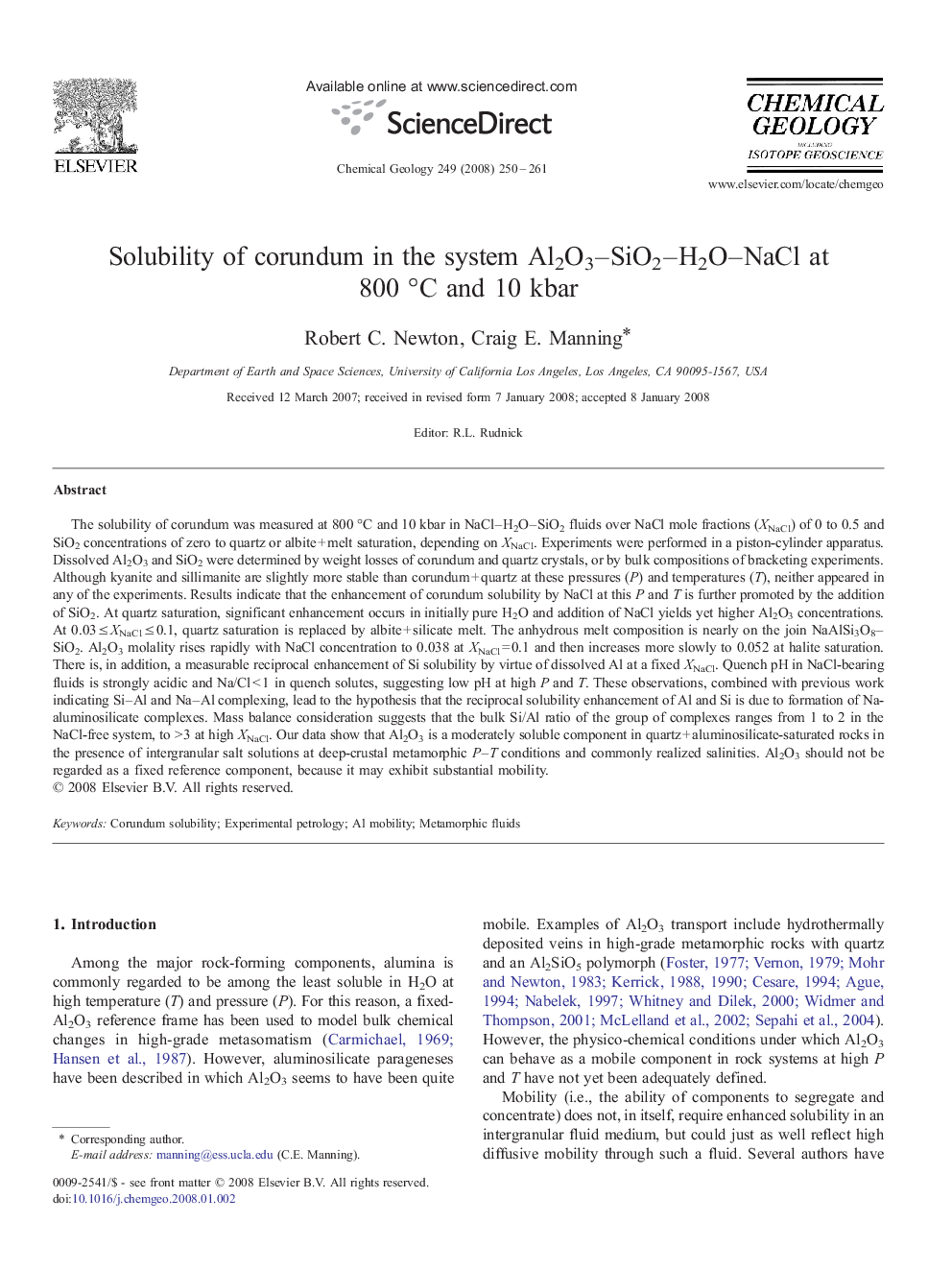 Solubility of corundum in the system Al2O3–SiO2–H2O–NaCl at 800 °C and 10 kbar