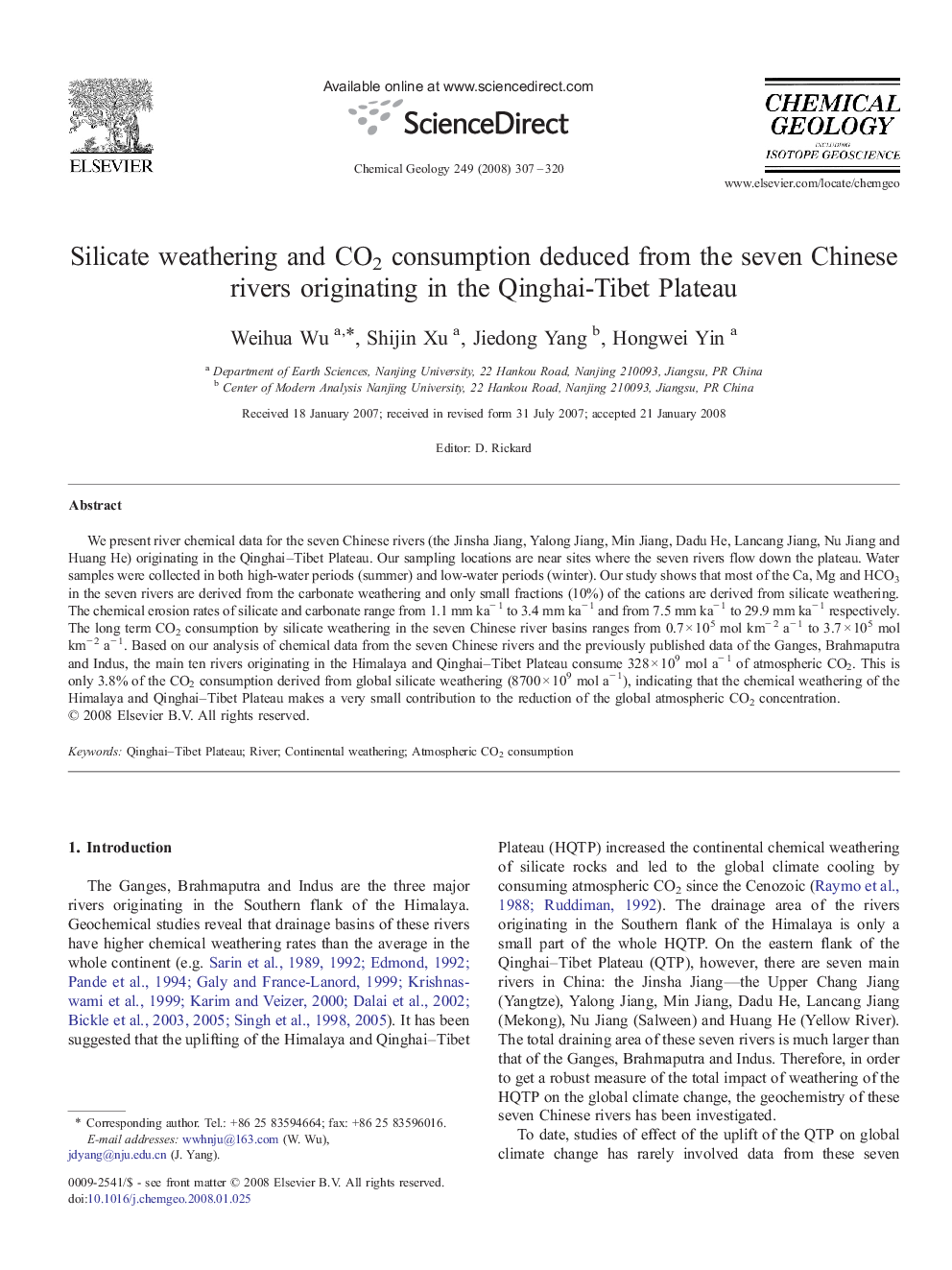 Silicate weathering and CO2 consumption deduced from the seven Chinese rivers originating in the Qinghai-Tibet Plateau