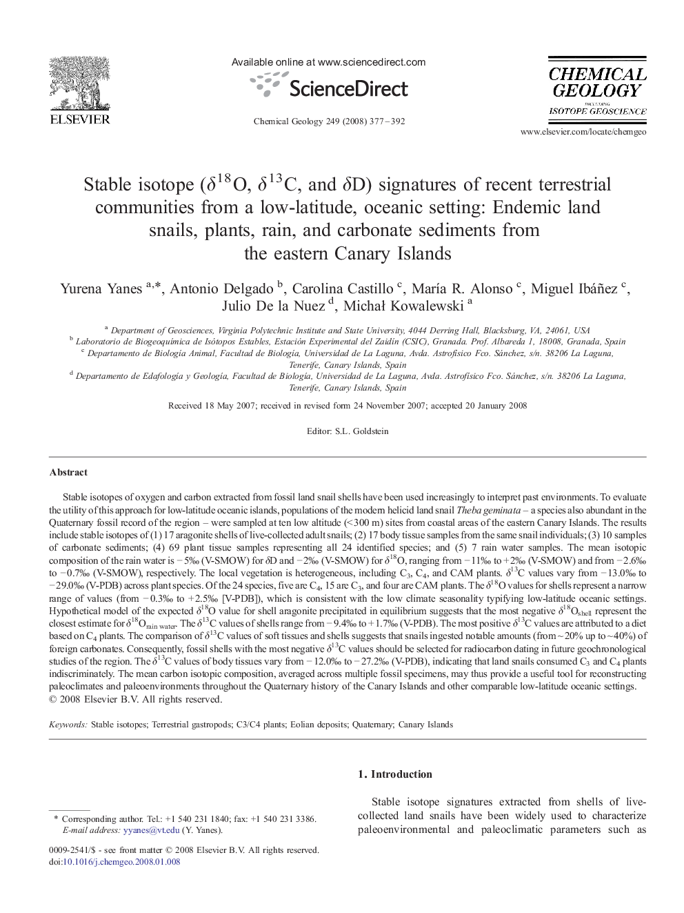 Stable isotope (δ18O, δ13C, and δD) signatures of recent terrestrial communities from a low-latitude, oceanic setting: Endemic land snails, plants, rain, and carbonate sediments from the eastern Canary Islands