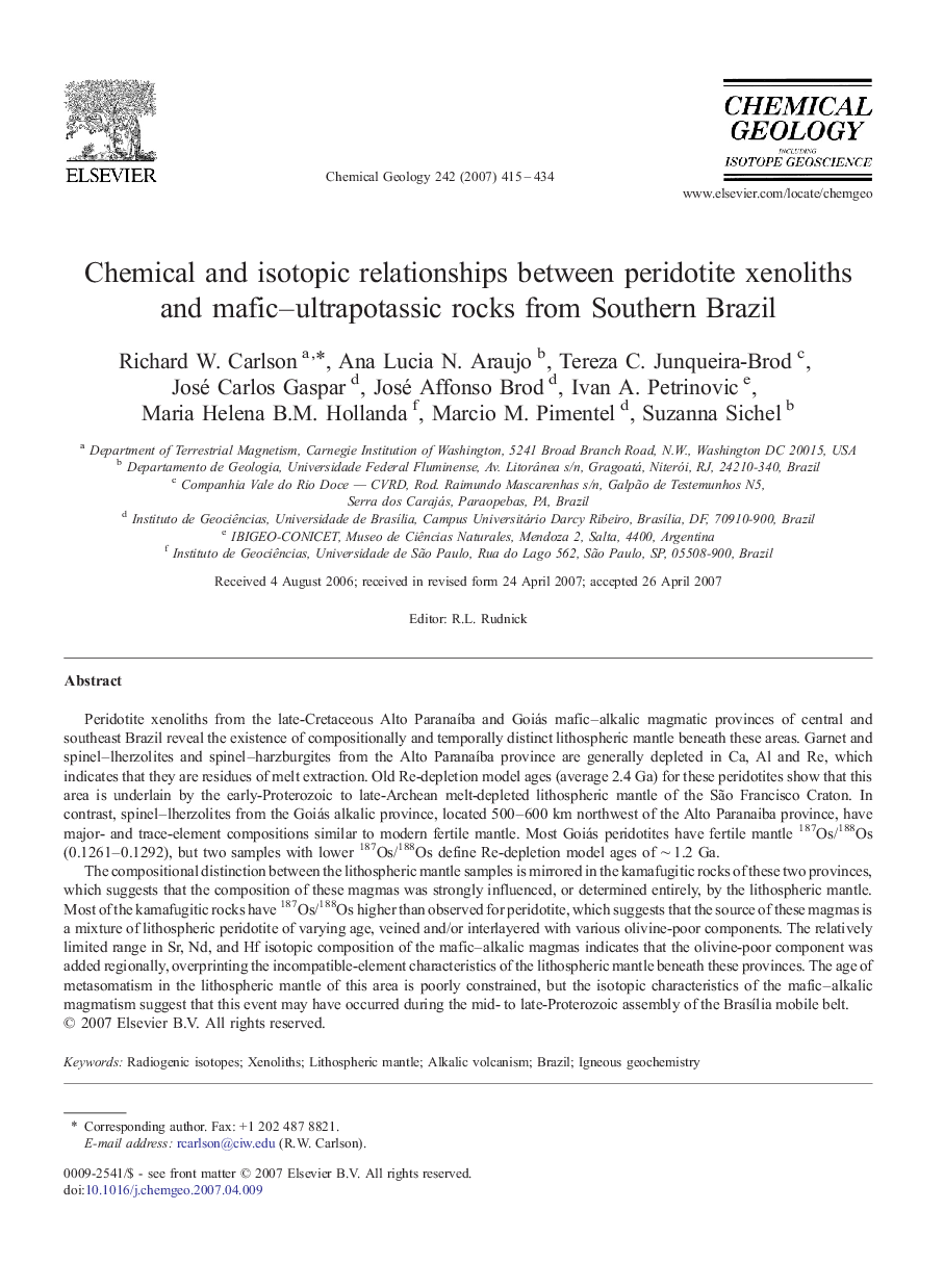 Chemical and isotopic relationships between peridotite xenoliths and mafic–ultrapotassic rocks from Southern Brazil