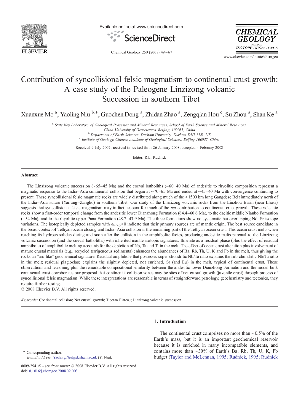 Contribution of syncollisional felsic magmatism to continental crust growth: A case study of the Paleogene Linzizong volcanic Succession in southern Tibet