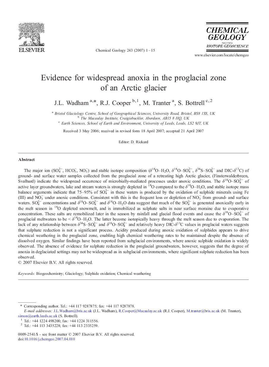 Evidence for widespread anoxia in the proglacial zone of an Arctic glacier