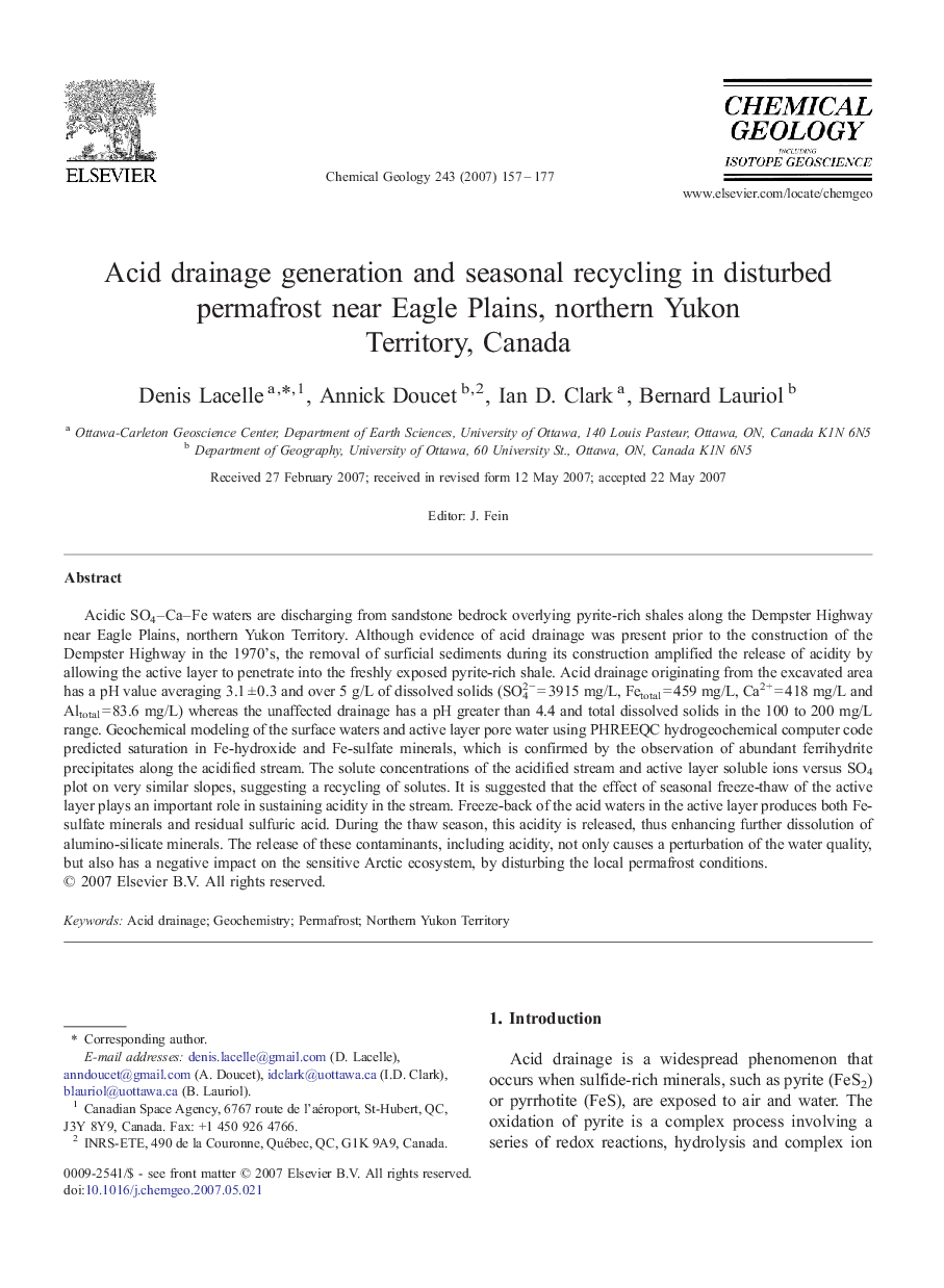 Acid drainage generation and seasonal recycling in disturbed permafrost near Eagle Plains, northern Yukon Territory, Canada