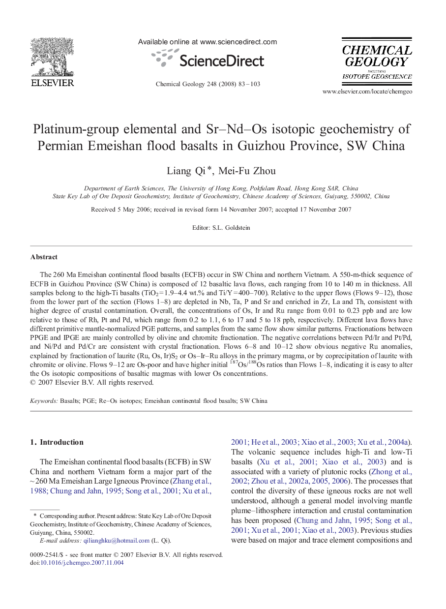 Platinum-group elemental and Sr–Nd–Os isotopic geochemistry of Permian Emeishan flood basalts in Guizhou Province, SW China