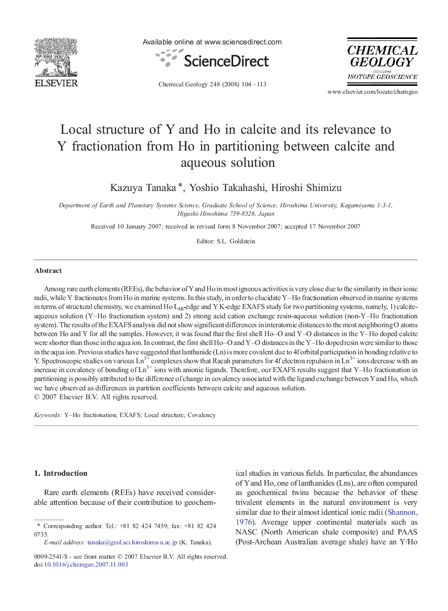 Local structure of Y and Ho in calcite and its relevance to Y fractionation from Ho in partitioning between calcite and aqueous solution