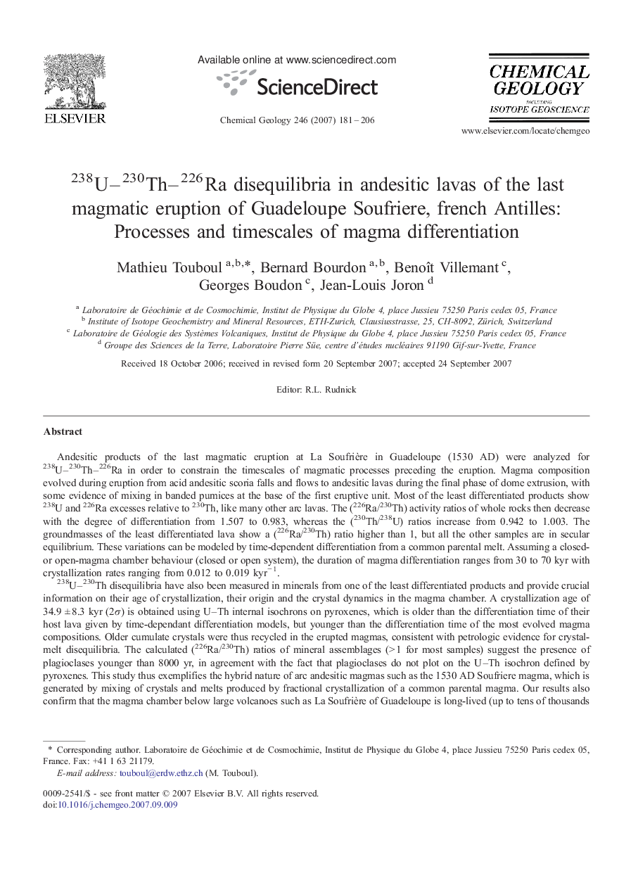 238U–230Th–226Ra disequilibria in andesitic lavas of the last magmatic eruption of Guadeloupe Soufriere, french Antilles: Processes and timescales of magma differentiation