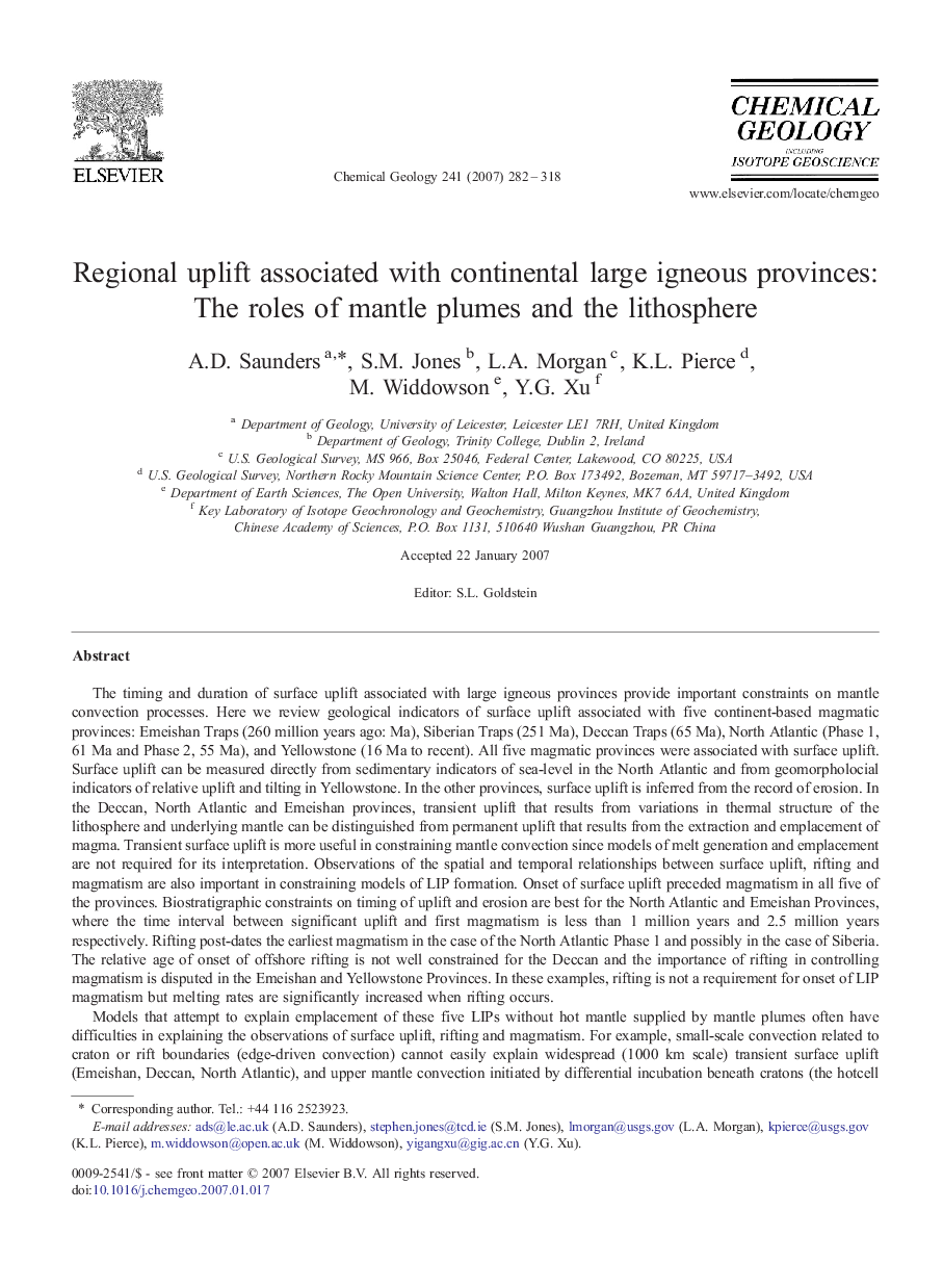 Regional uplift associated with continental large igneous provinces: The roles of mantle plumes and the lithosphere