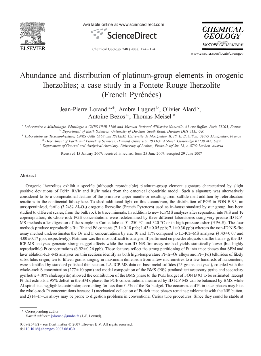 Abundance and distribution of platinum-group elements in orogenic lherzolites; a case study in a Fontete Rouge lherzolite (French Pyrénées)