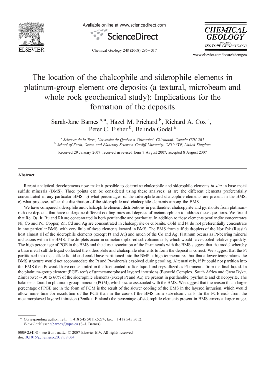 The location of the chalcophile and siderophile elements in platinum-group element ore deposits (a textural, microbeam and whole rock geochemical study): Implications for the formation of the deposits