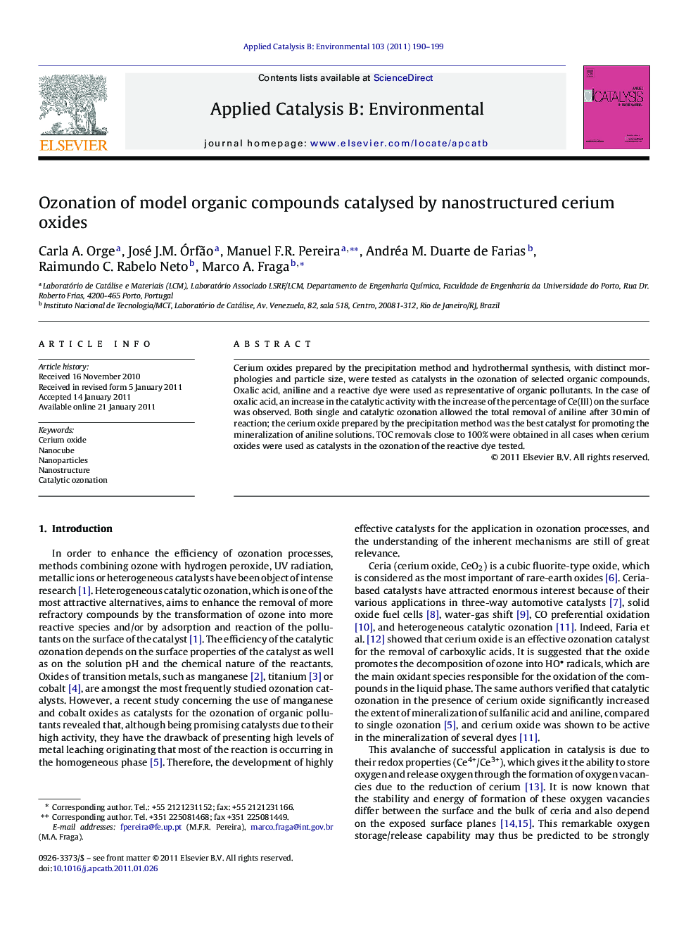 Ozonation of model organic compounds catalysed by nanostructured cerium oxides