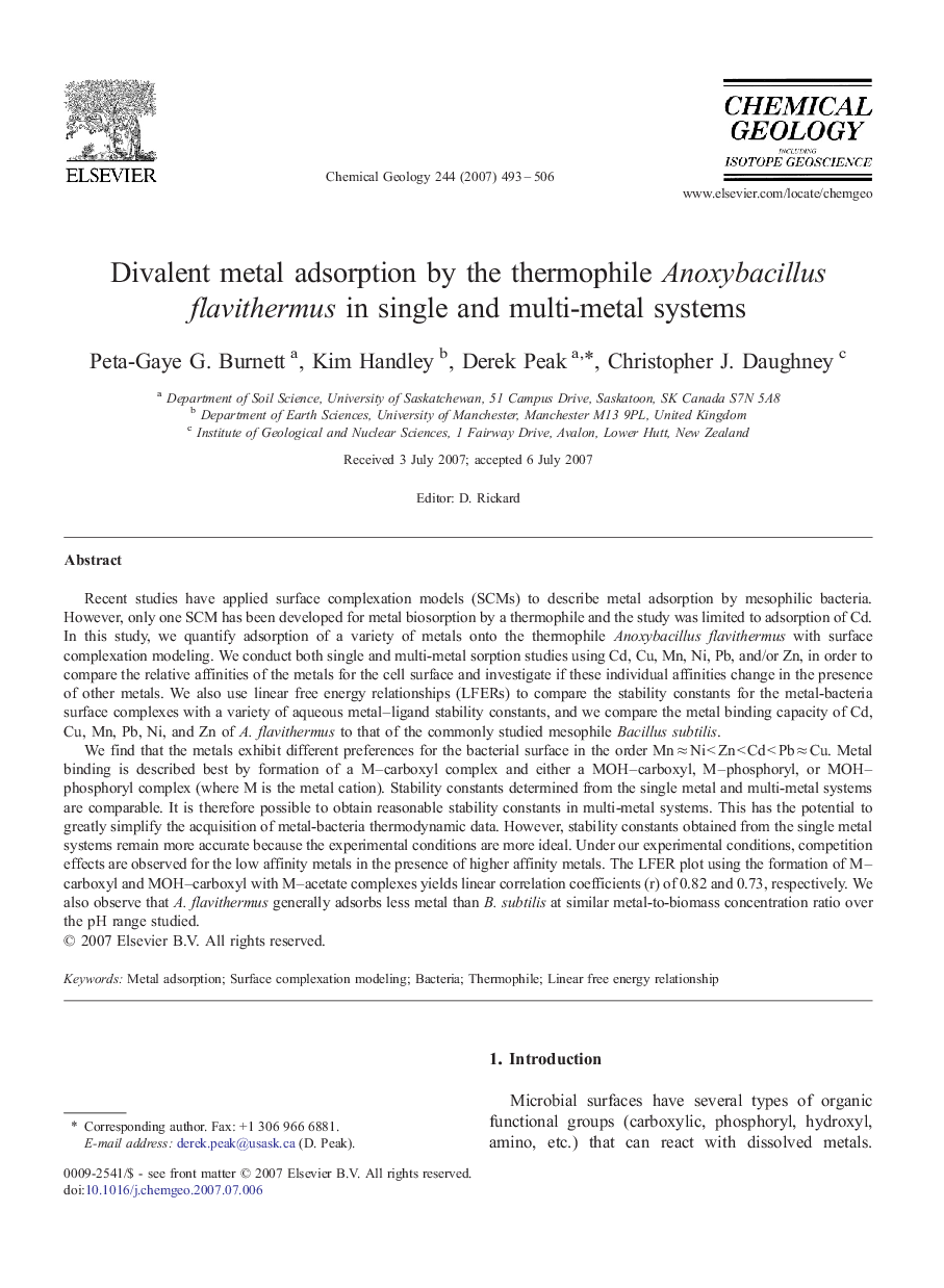 Divalent metal adsorption by the thermophile Anoxybacillus flavithermus in single and multi-metal systems