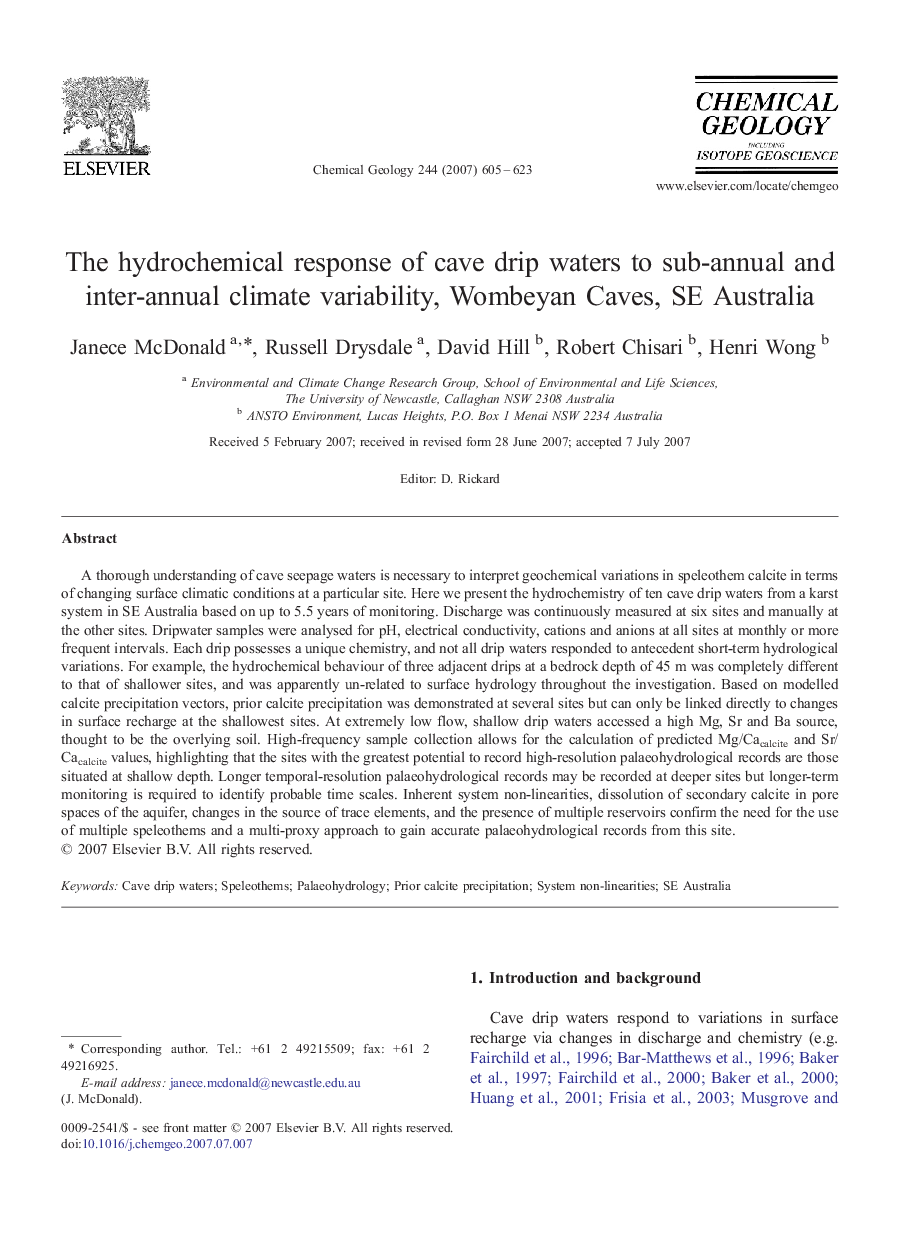 The hydrochemical response of cave drip waters to sub-annual and inter-annual climate variability, Wombeyan Caves, SE Australia