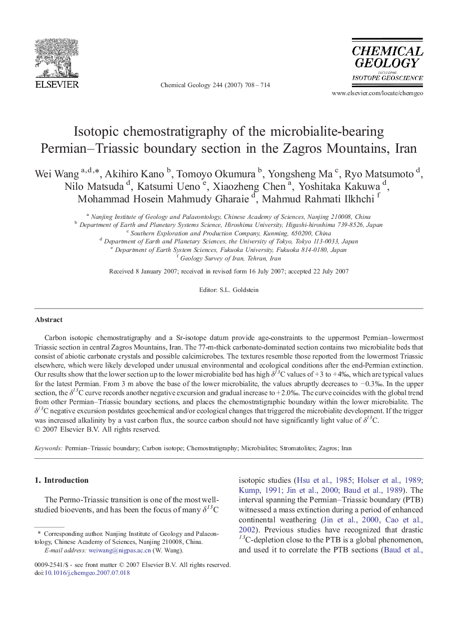 Isotopic chemostratigraphy of the microbialite-bearing Permian–Triassic boundary section in the Zagros Mountains, Iran