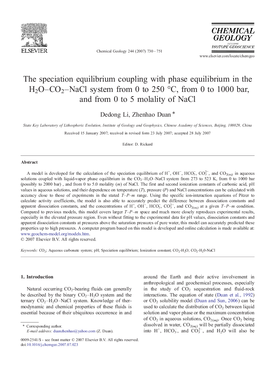 The speciation equilibrium coupling with phase equilibrium in the H2O–CO2–NaCl system from 0 to 250 °C, from 0 to 1000 bar, and from 0 to 5 molality of NaCl