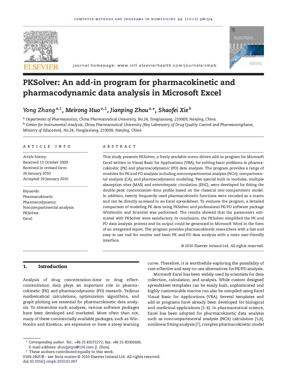 PKSolver: An add-in program for pharmacokinetic and pharmacodynamic data analysis in Microsoft Excel