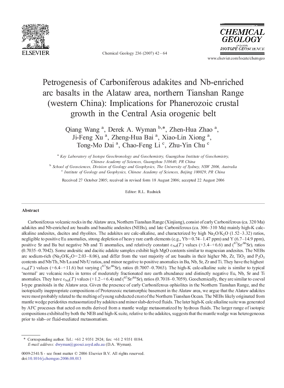 Petrogenesis of Carboniferous adakites and Nb-enriched arc basalts in the Alataw area, northern Tianshan Range (western China): Implications for Phanerozoic crustal growth in the Central Asia orogenic belt