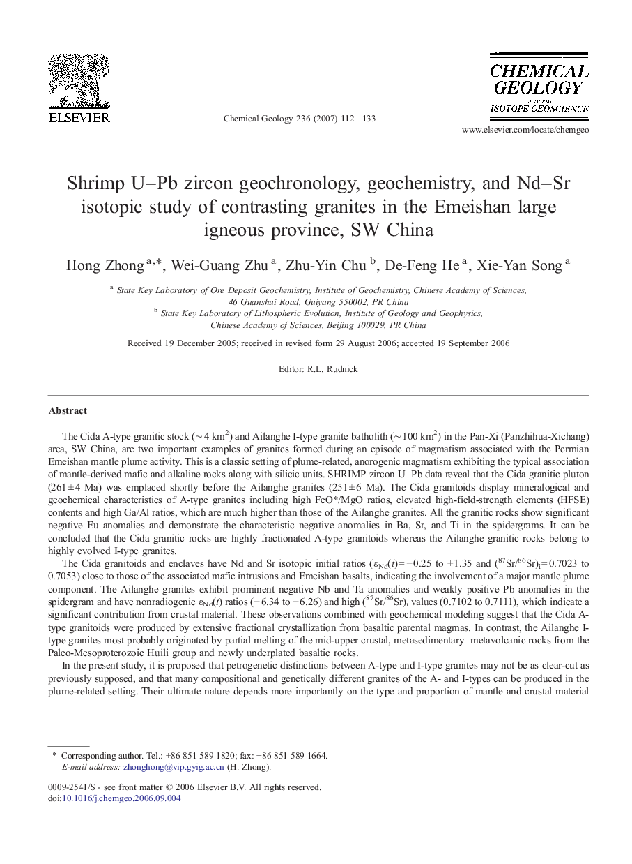 Shrimp U–Pb zircon geochronology, geochemistry, and Nd–Sr isotopic study of contrasting granites in the Emeishan large igneous province, SW China