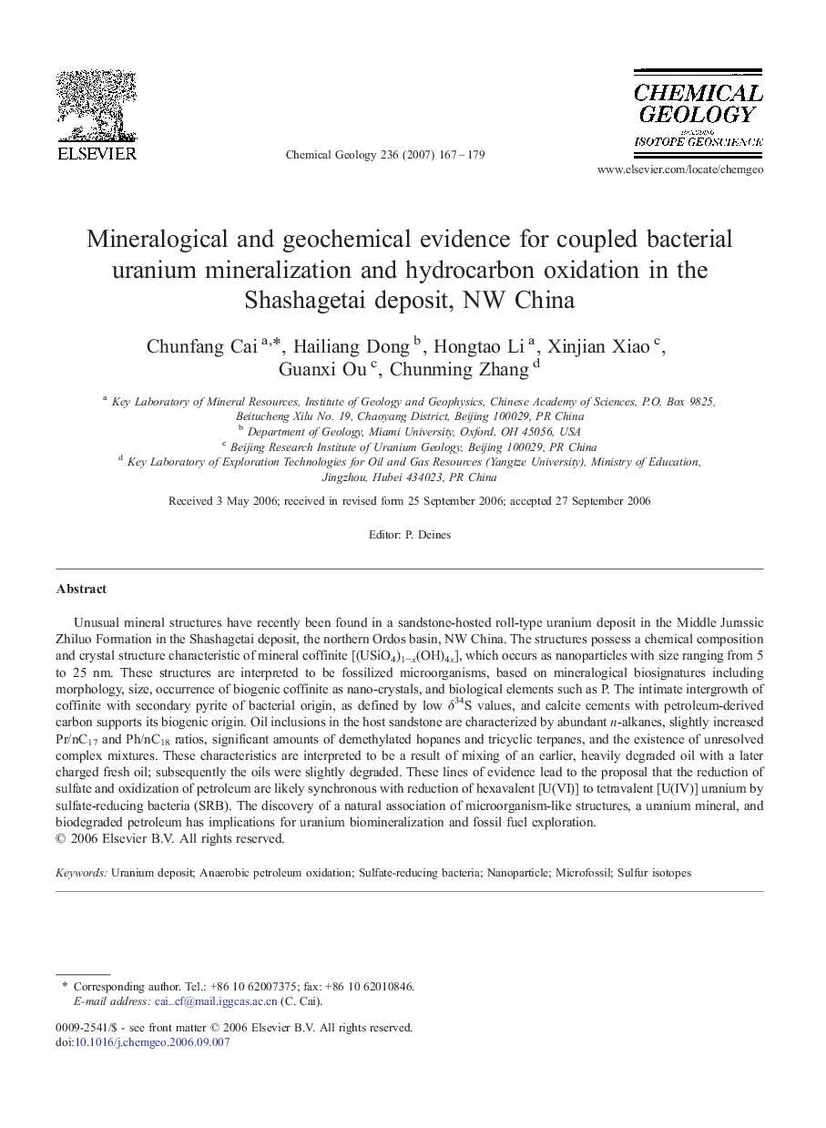 Mineralogical and geochemical evidence for coupled bacterial uranium mineralization and hydrocarbon oxidation in the Shashagetai deposit, NW China