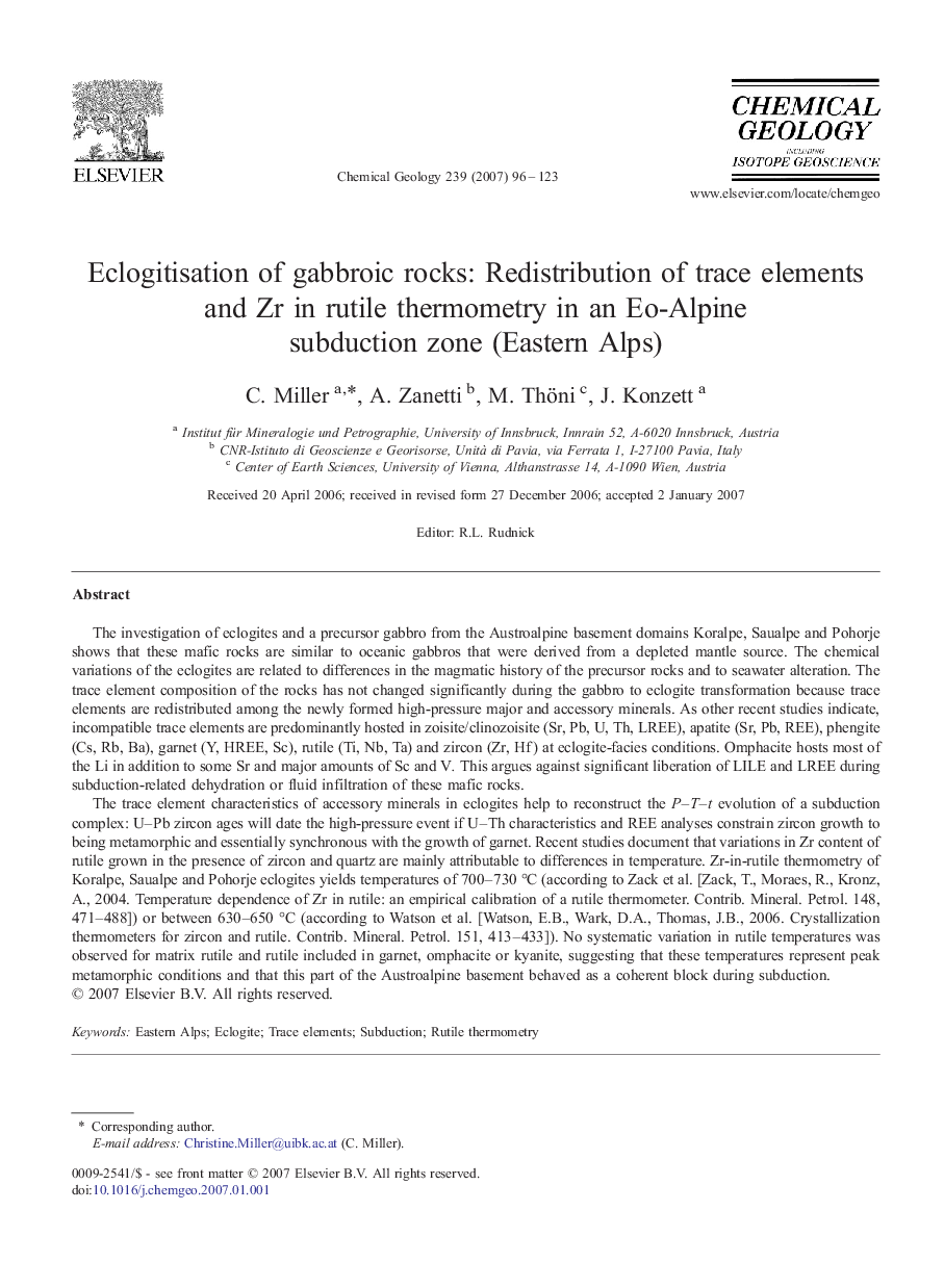 Eclogitisation of gabbroic rocks: Redistribution of trace elements and Zr in rutile thermometry in an Eo-Alpine subduction zone (Eastern Alps)