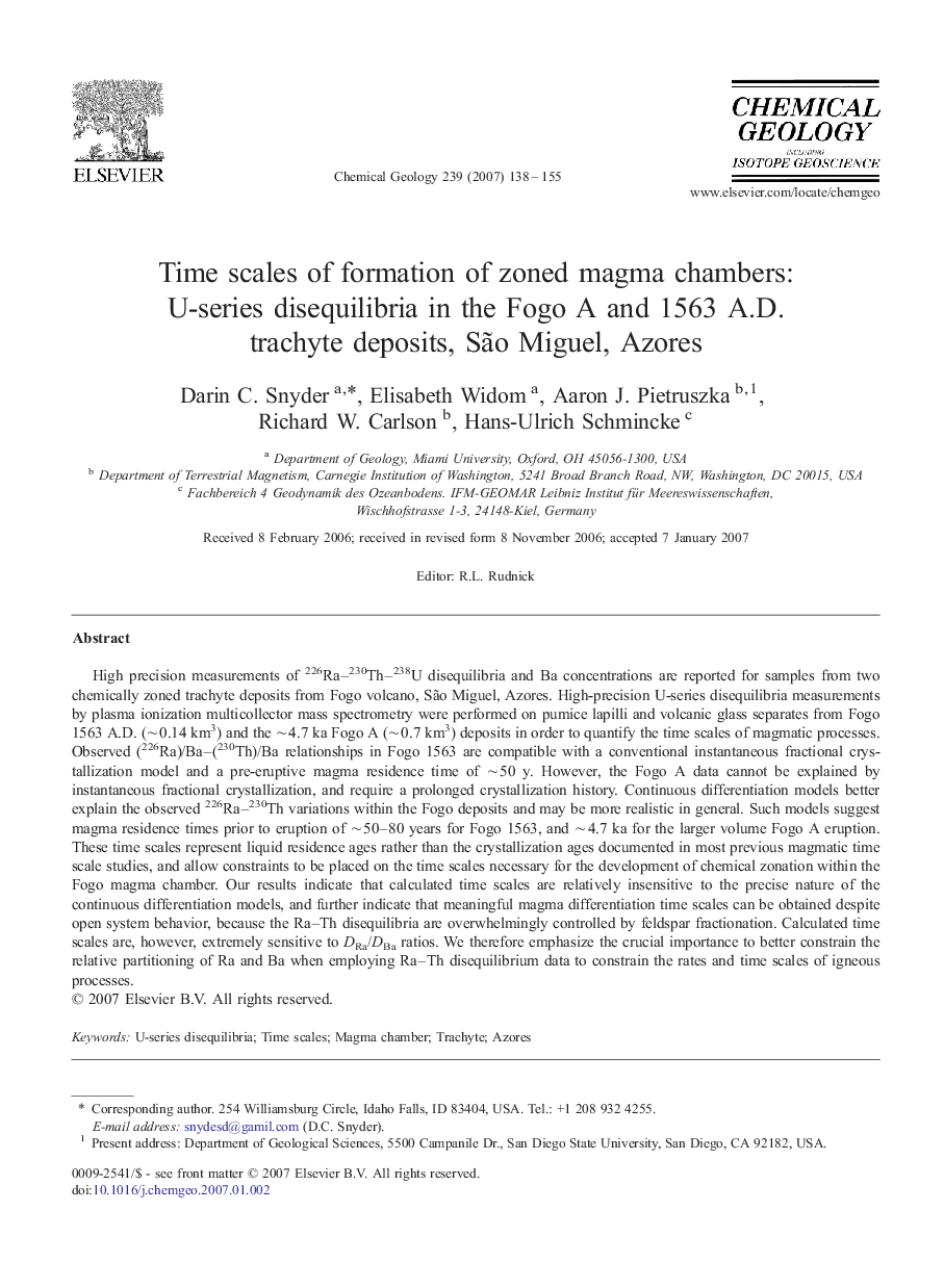 Time scales of formation of zoned magma chambers: U-series disequilibria in the Fogo A and 1563 A.D. trachyte deposits, São Miguel, Azores